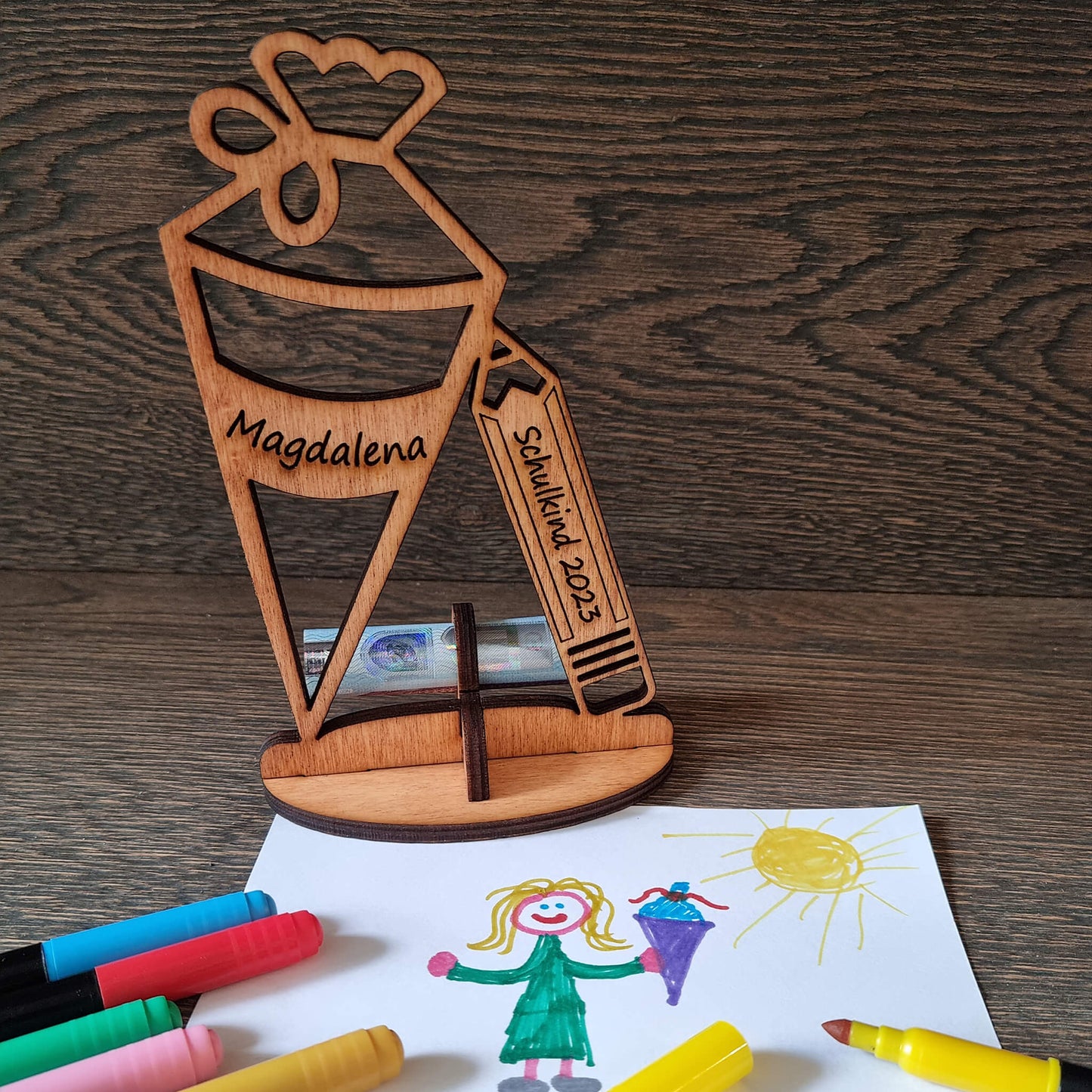 Aufsteller "Schultüte" mit Geldscheinhalter, personalisiert - Nanino Design Onlineshop -
