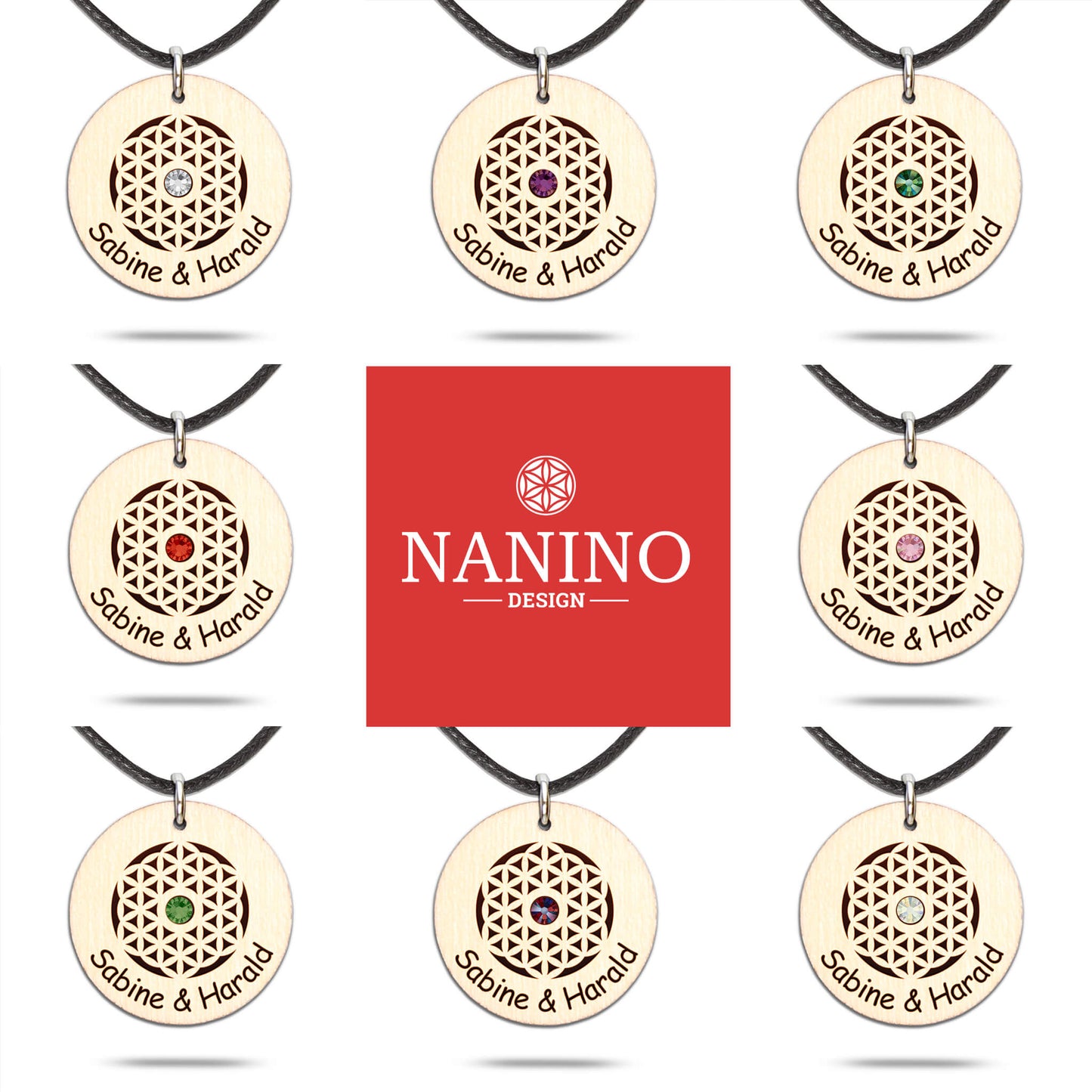 Halskette "Blume des Lebens" personalisiert, Glitzerstein - Nanino Design Onlineshop -