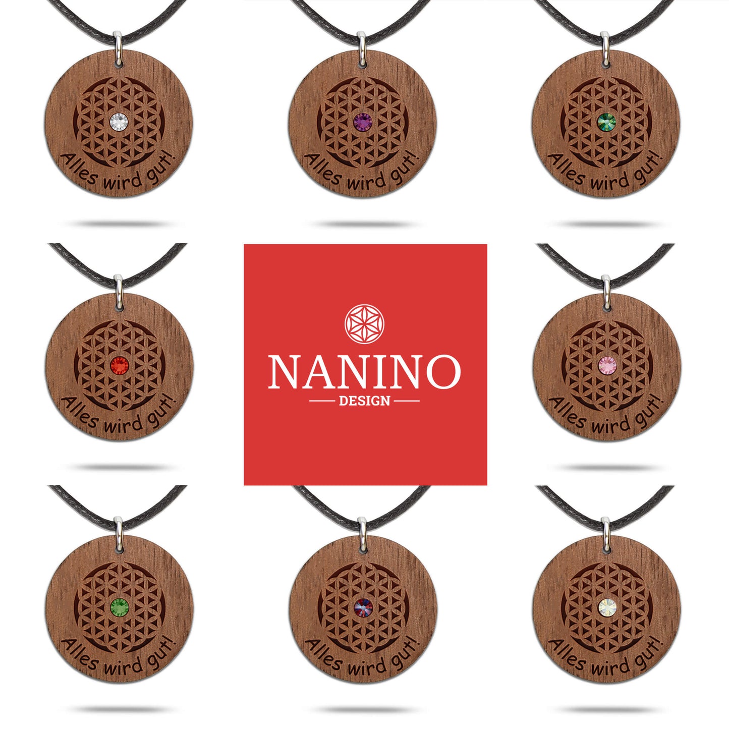Halskette "Blume des Lebens" personalisiert, Glitzerstein - Nanino Design Onlineshop -