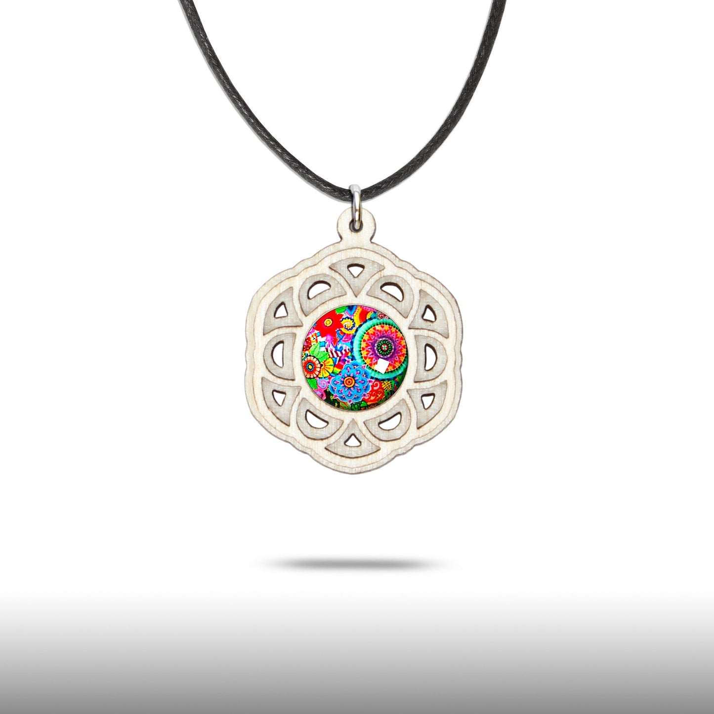 Halskette Mandala "Blume" aus Holz mit Glasstein - Nanino Design Onlineshop -