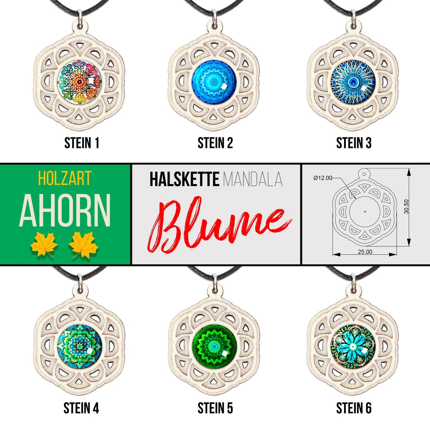 Halskette Mandala "Blume" aus Holz mit Glasstein - Nanino Design Onlineshop -