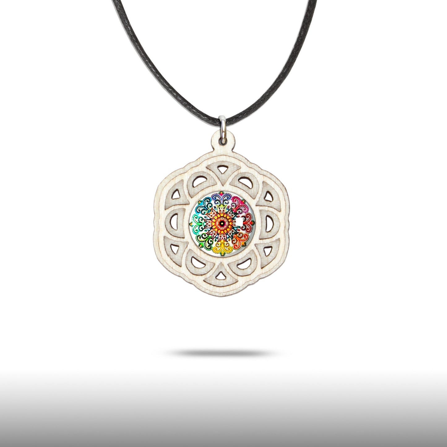 Halskette Mandala "Blume" aus Holz mit Glasstein - Nanino Design Onlineshop -