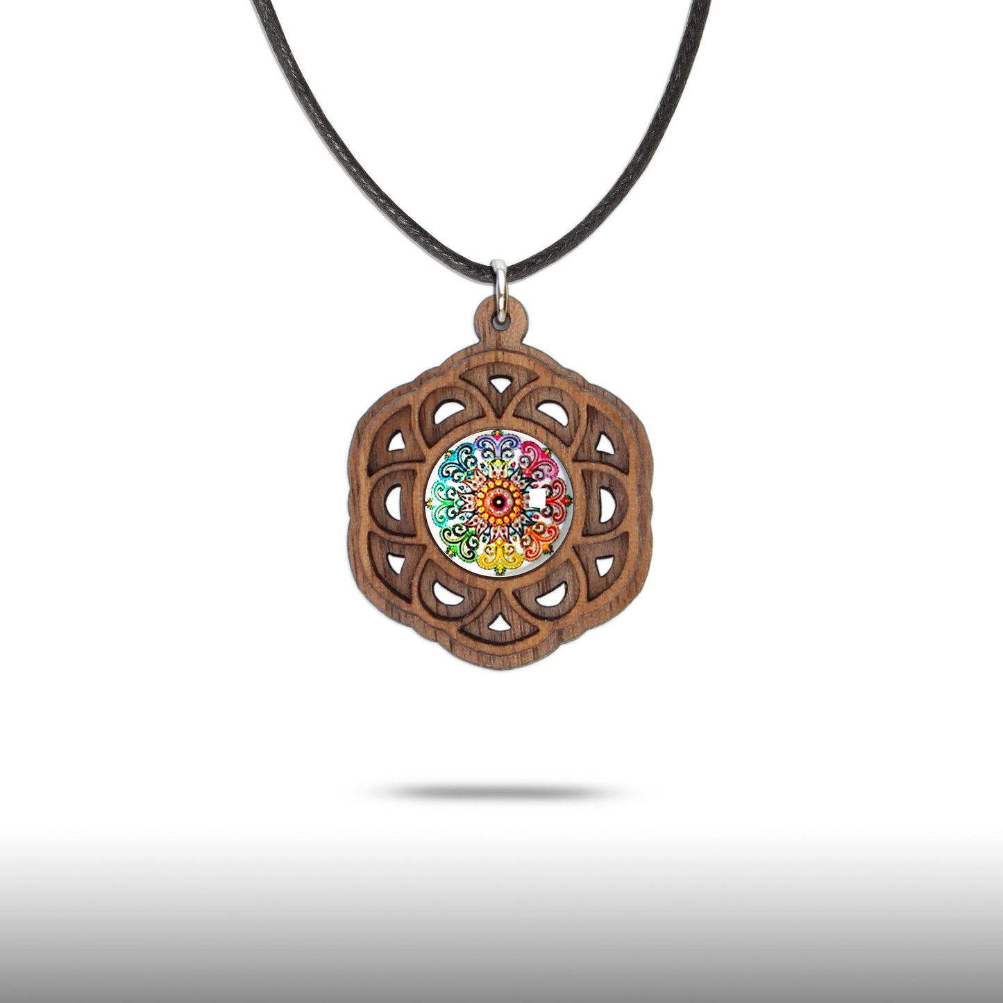 Halskette Mandala "Blume" aus Holz mit Glasstein - Nanino Design Onlineshop -