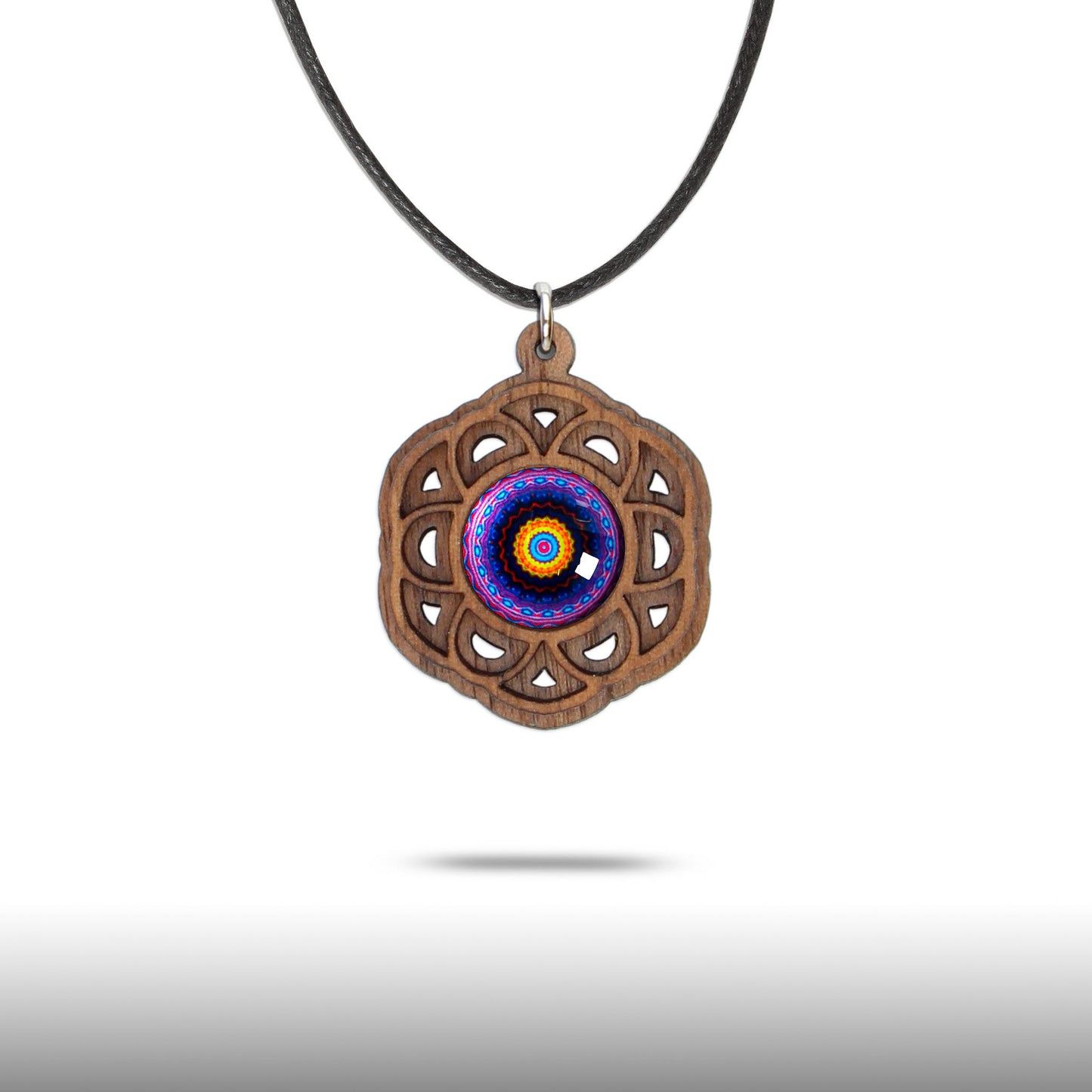 Halskette Mandala "Blume" aus Holz mit Glasstein - Nanino Design Onlineshop -