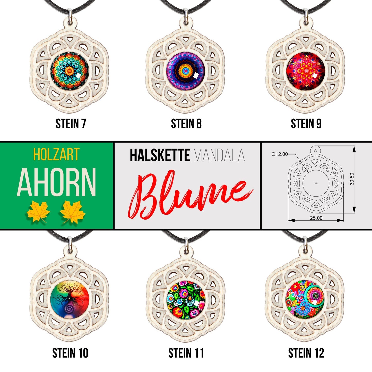 Halskette Mandala "Blume" aus Holz mit Glasstein - Nanino Design Onlineshop -