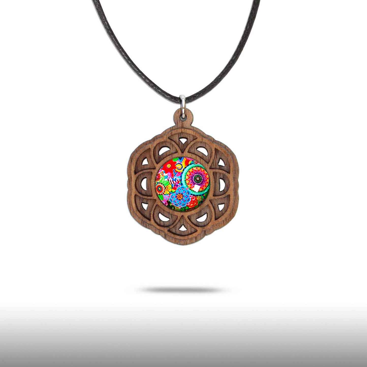 Halskette Mandala "Blume" aus Holz mit Glasstein - Nanino Design Onlineshop -