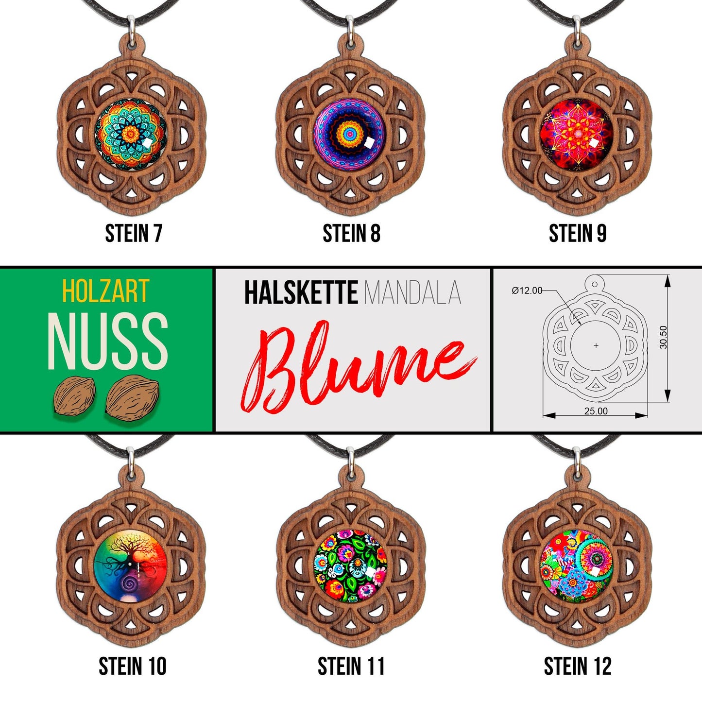 Halskette Mandala "Blume" aus Holz mit Glasstein - Nanino Design Onlineshop -