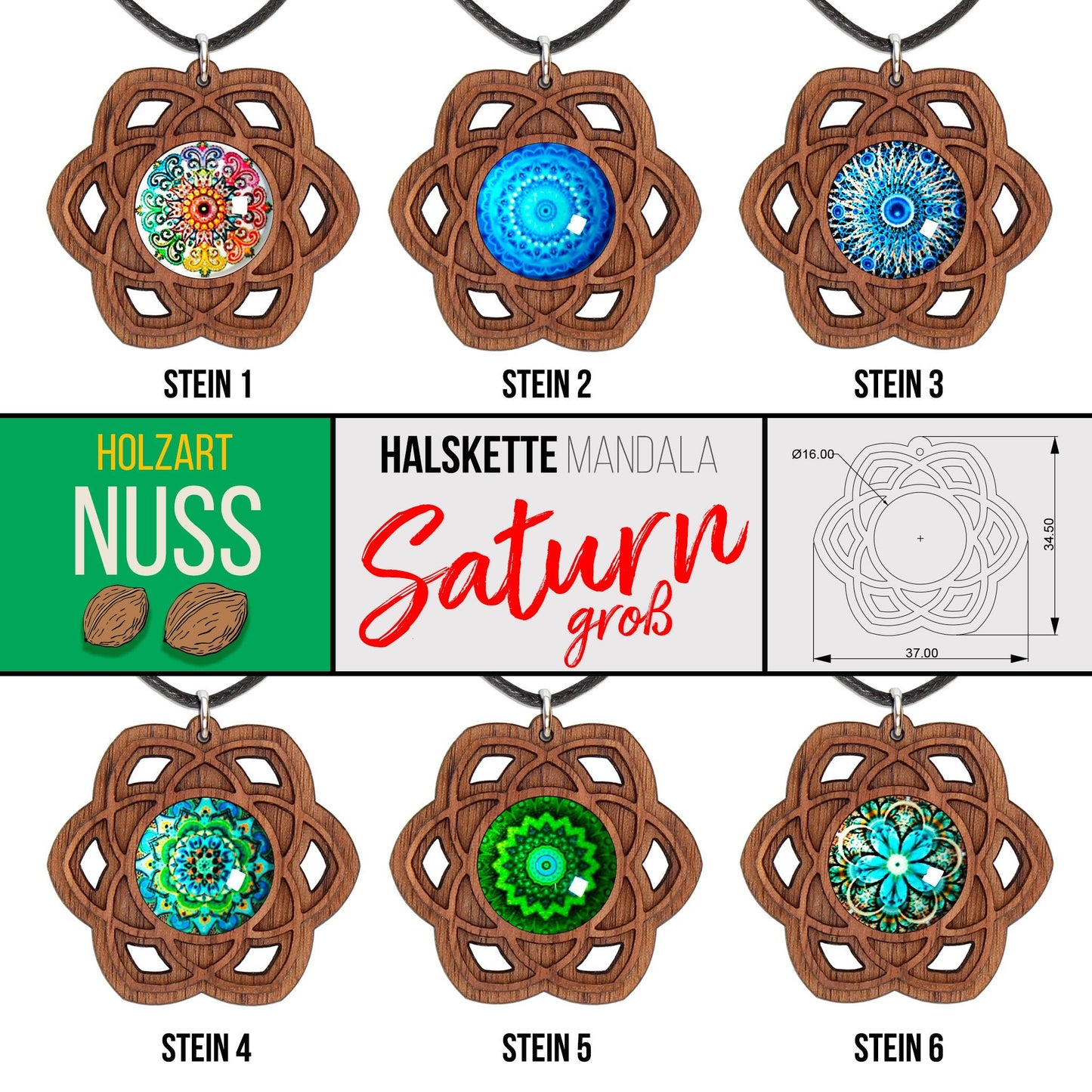 Halskette Mandala "Saturn" groß aus Holz mit Glasstein - Nanino Design Onlineshop -