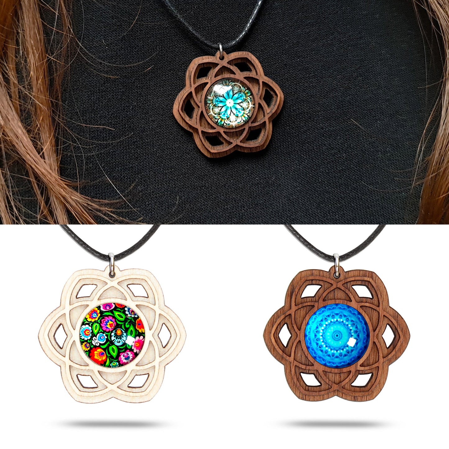 Halskette Mandala "Saturn" groß aus Holz mit Glasstein - Nanino Design Onlineshop -