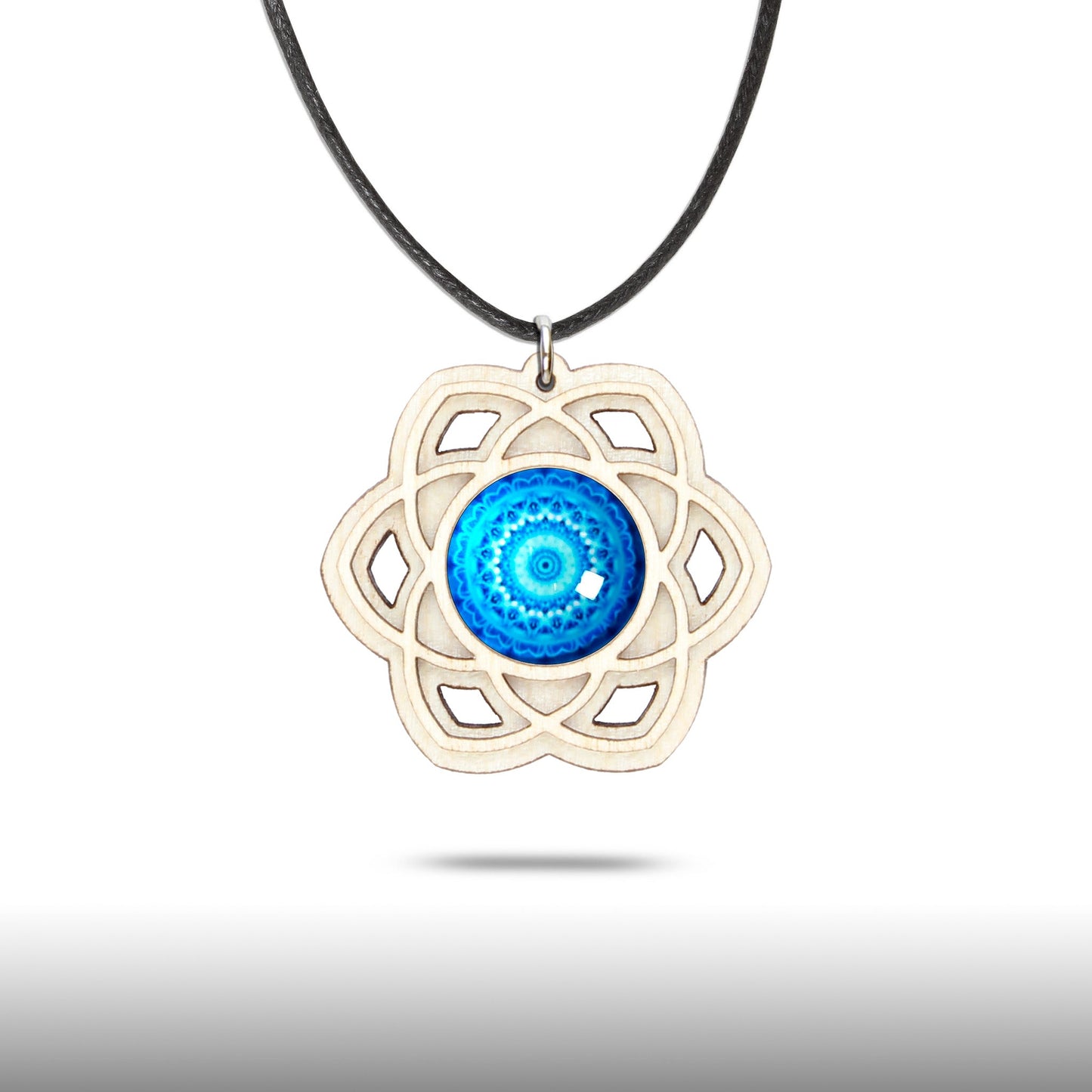 Halskette Mandala "Saturn" groß aus Holz mit Glasstein - Nanino Design Onlineshop -