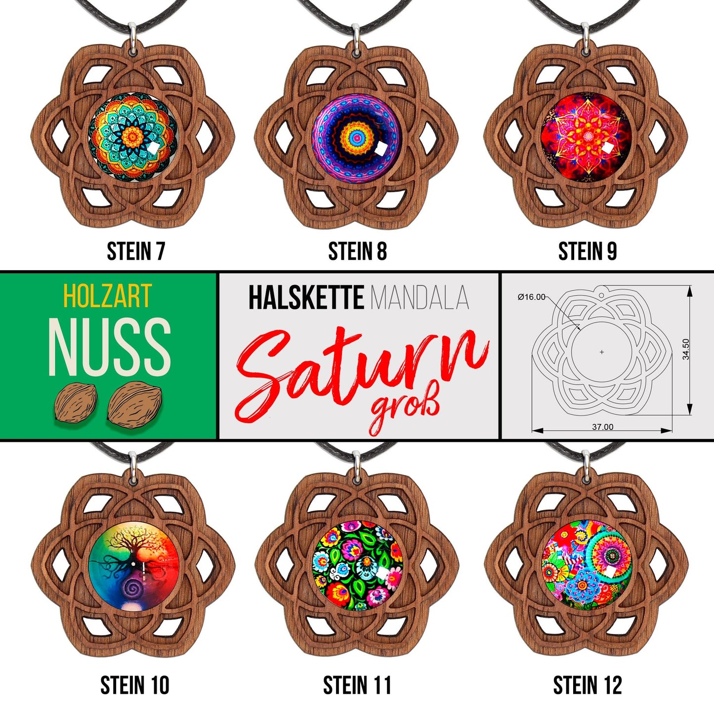 Halskette Mandala "Saturn" groß aus Holz mit Glasstein - Nanino Design Onlineshop -