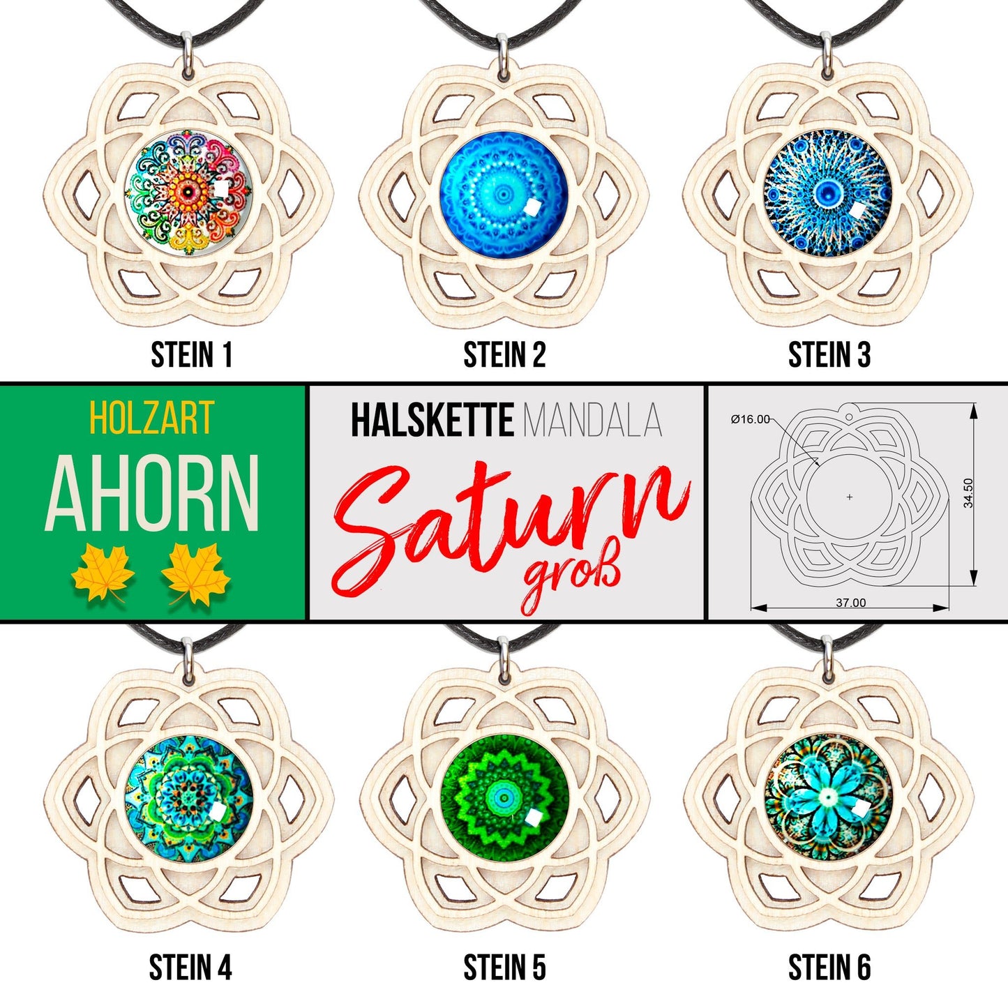 Halskette Mandala "Saturn" groß aus Holz mit Glasstein - Nanino Design Onlineshop -