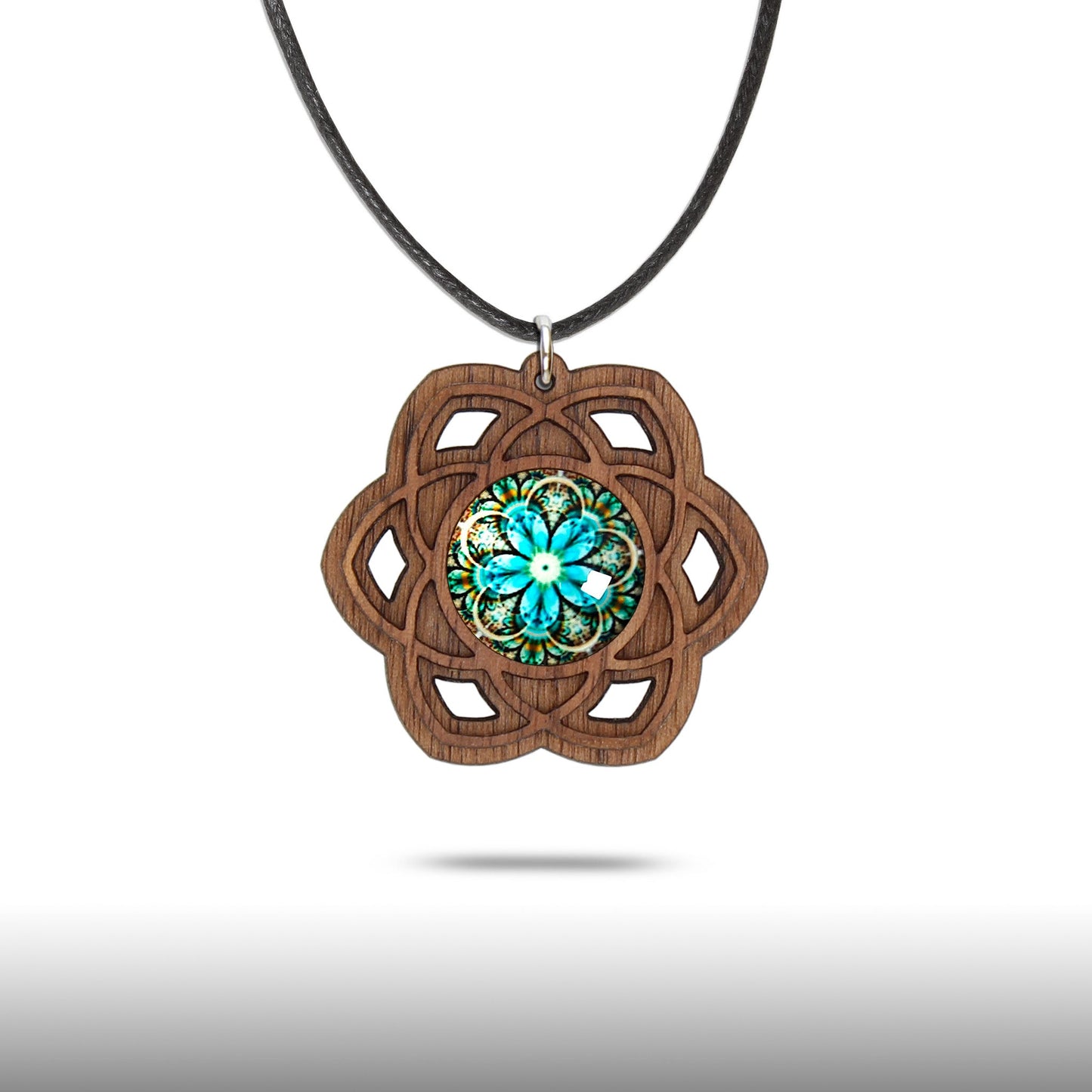 Halskette Mandala "Saturn" groß aus Holz mit Glasstein - Nanino Design Onlineshop -