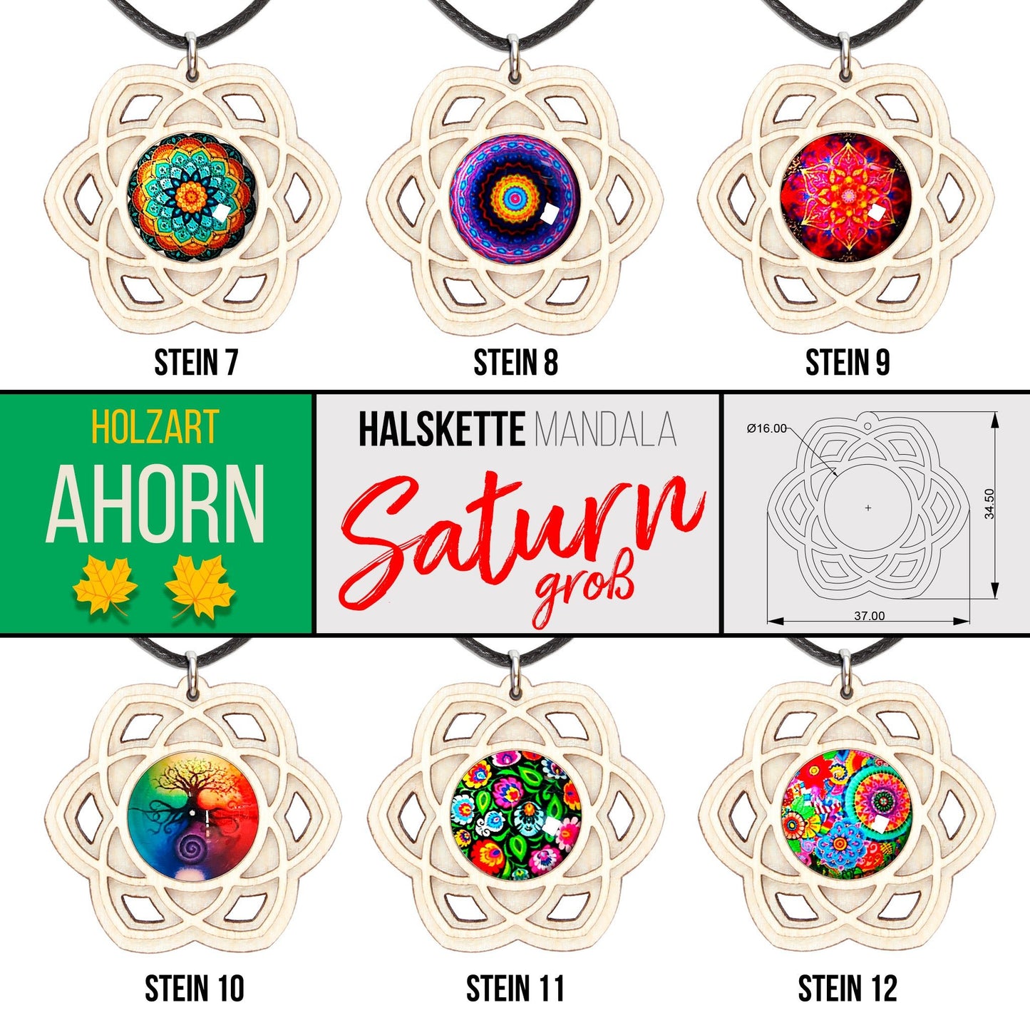 Halskette Mandala "Saturn" groß aus Holz mit Glasstein - Nanino Design Onlineshop -