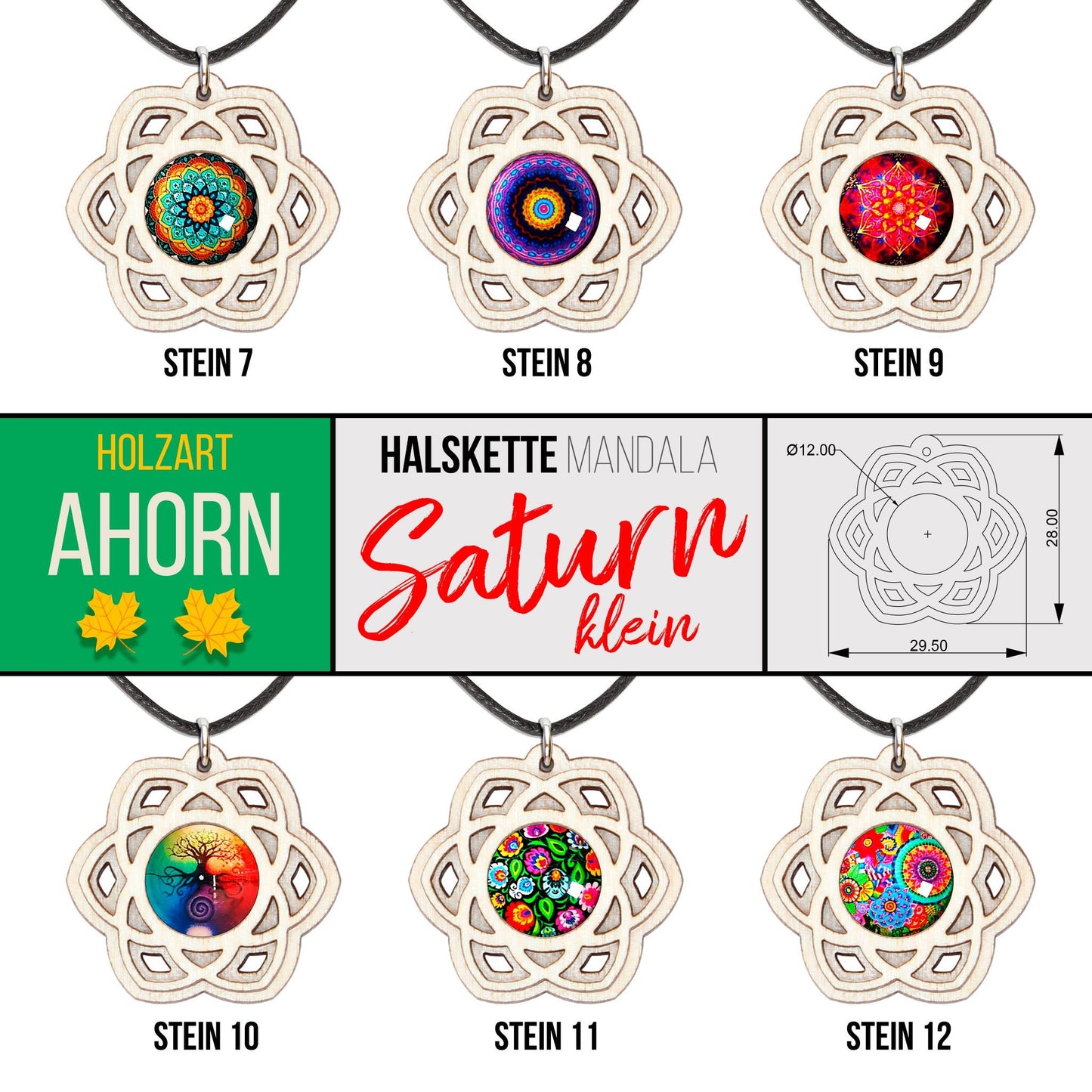Halskette Mandala "Saturn" klein aus Holz mit Glasstein - Nanino Design Onlineshop -