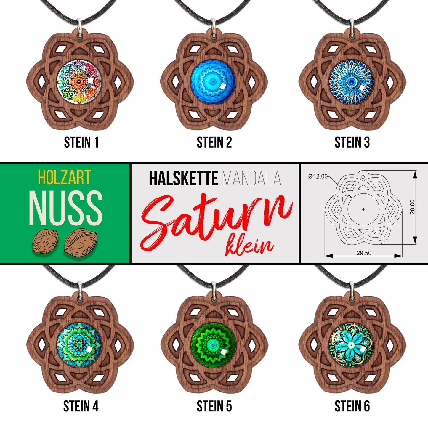 Halskette Mandala "Saturn" klein aus Holz mit Glasstein - Nanino Design Onlineshop -