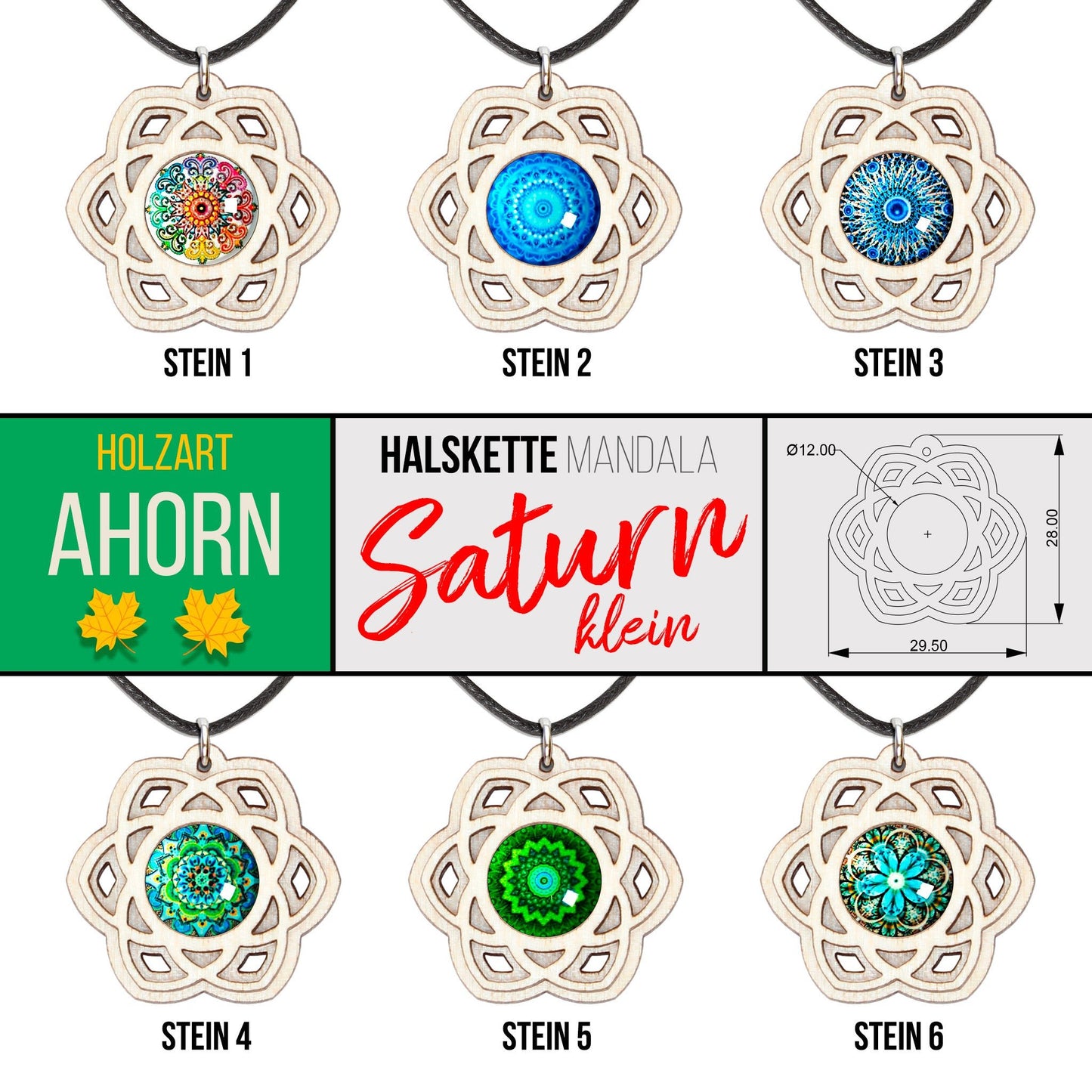 Halskette Mandala "Saturn" klein aus Holz mit Glasstein - Nanino Design Onlineshop -