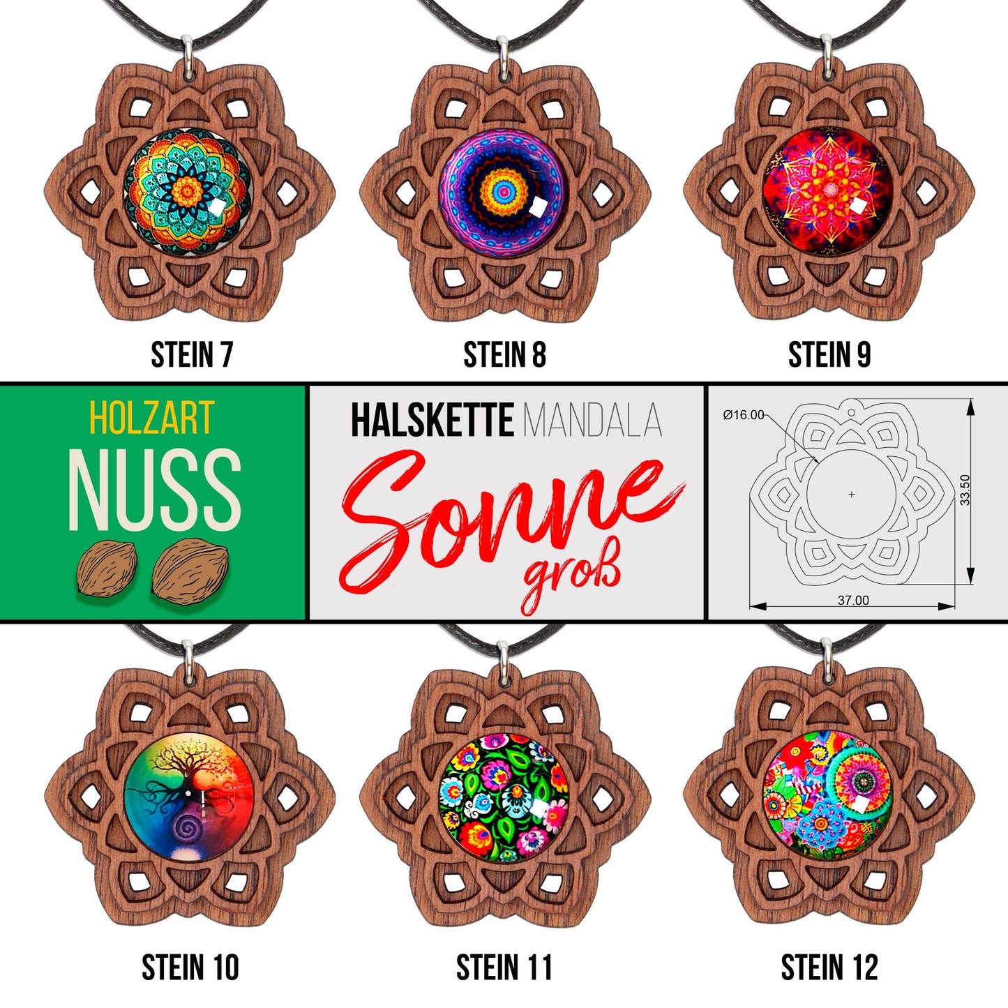 Halskette Mandala "Sonne" groß aus Holz mit Glasstein - Nanino Design Onlineshop -