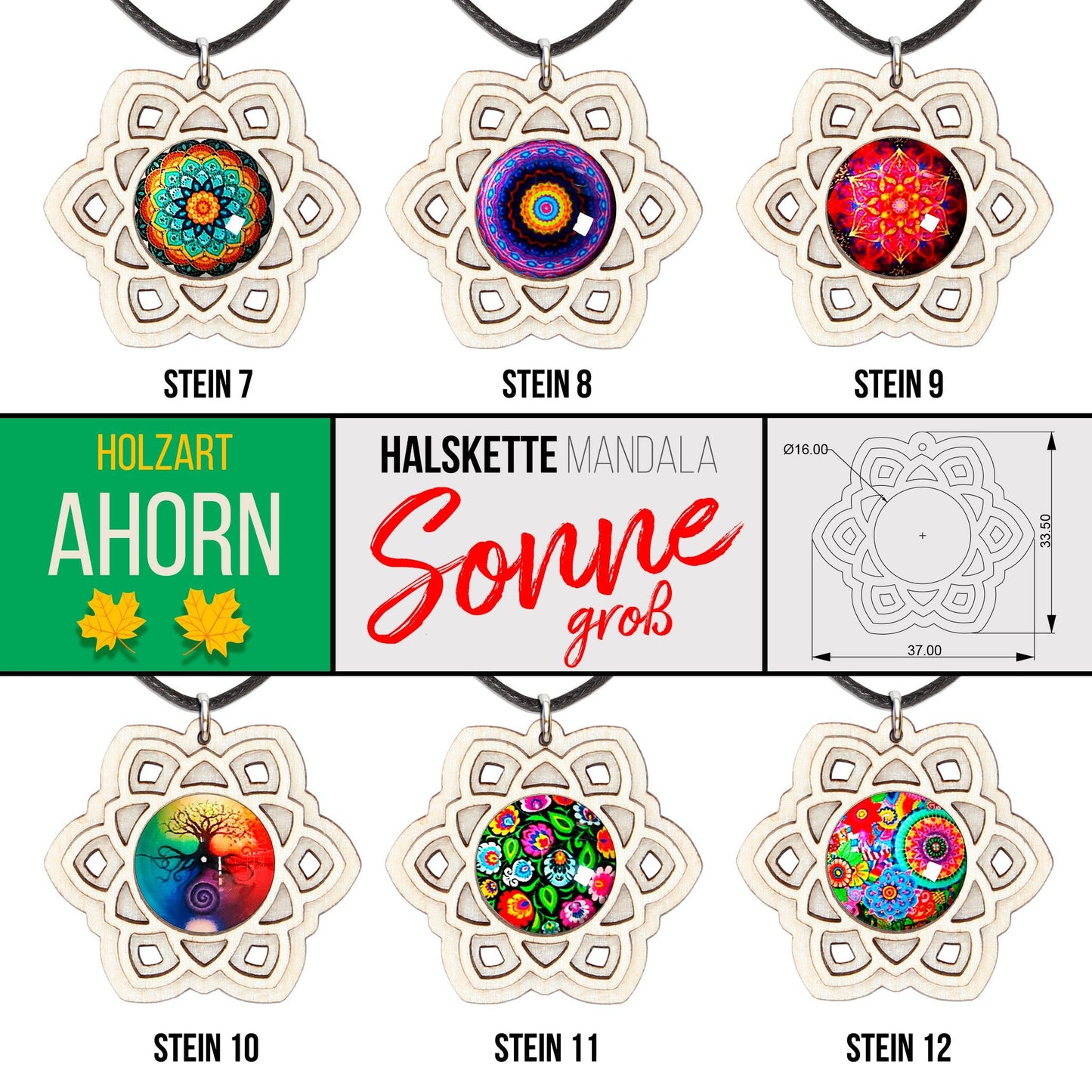 Halskette Mandala "Sonne" groß aus Holz mit Glasstein - Nanino Design Onlineshop -