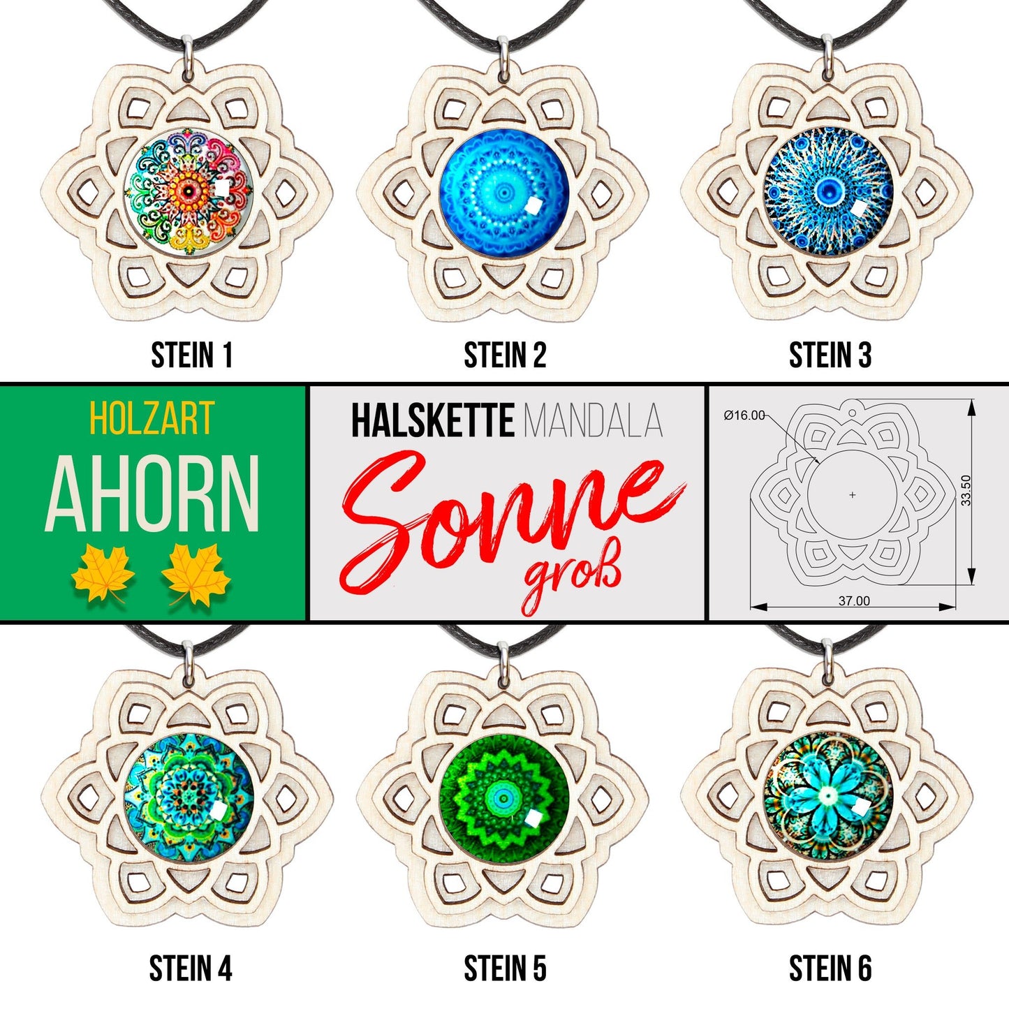 Halskette Mandala "Sonne" groß aus Holz mit Glasstein - Nanino Design Onlineshop -