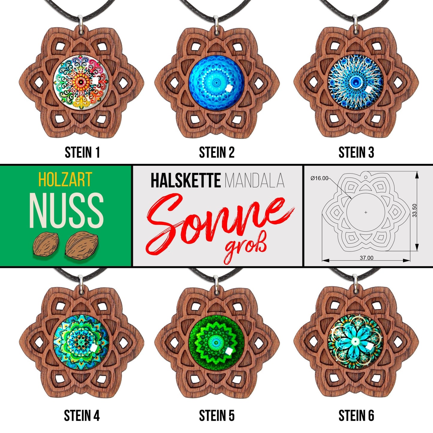 Halskette Mandala "Sonne" groß aus Holz mit Glasstein - Nanino Design Onlineshop -