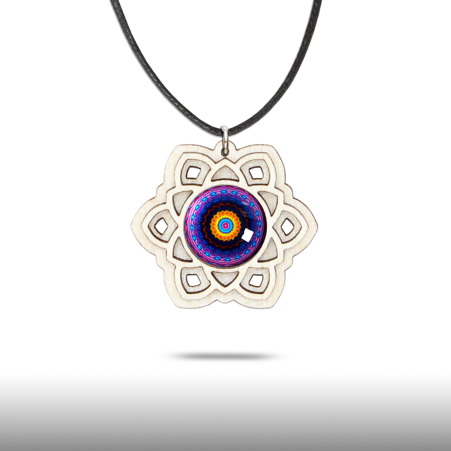 Halskette Mandala "Sonne" groß aus Holz mit Glasstein - Nanino Design Onlineshop -