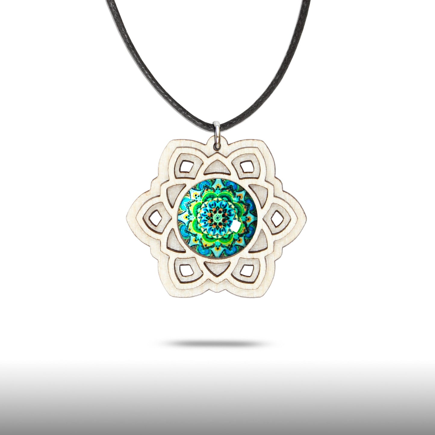 Halskette Mandala "Sonne" groß aus Holz mit Glasstein - Nanino Design Onlineshop -