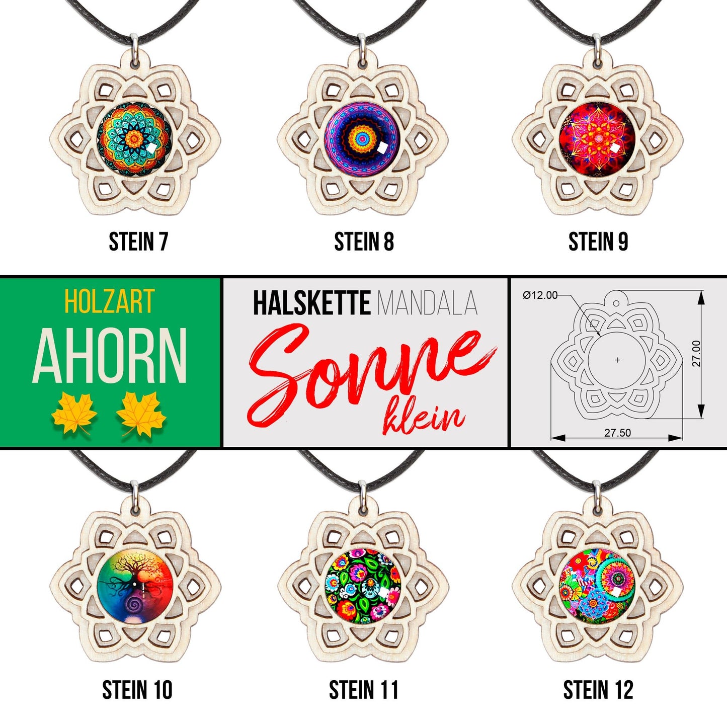 Halskette Mandala "Sonne" klein aus Holz mit Glasstein - Nanino Design Onlineshop -