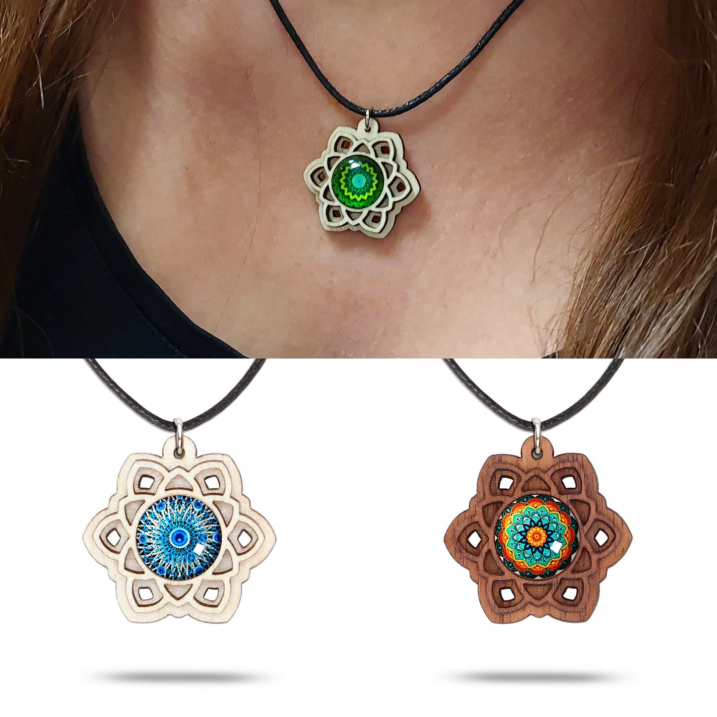 Halskette Mandala "Sonne" klein aus Holz mit Glasstein - Nanino Design Onlineshop -