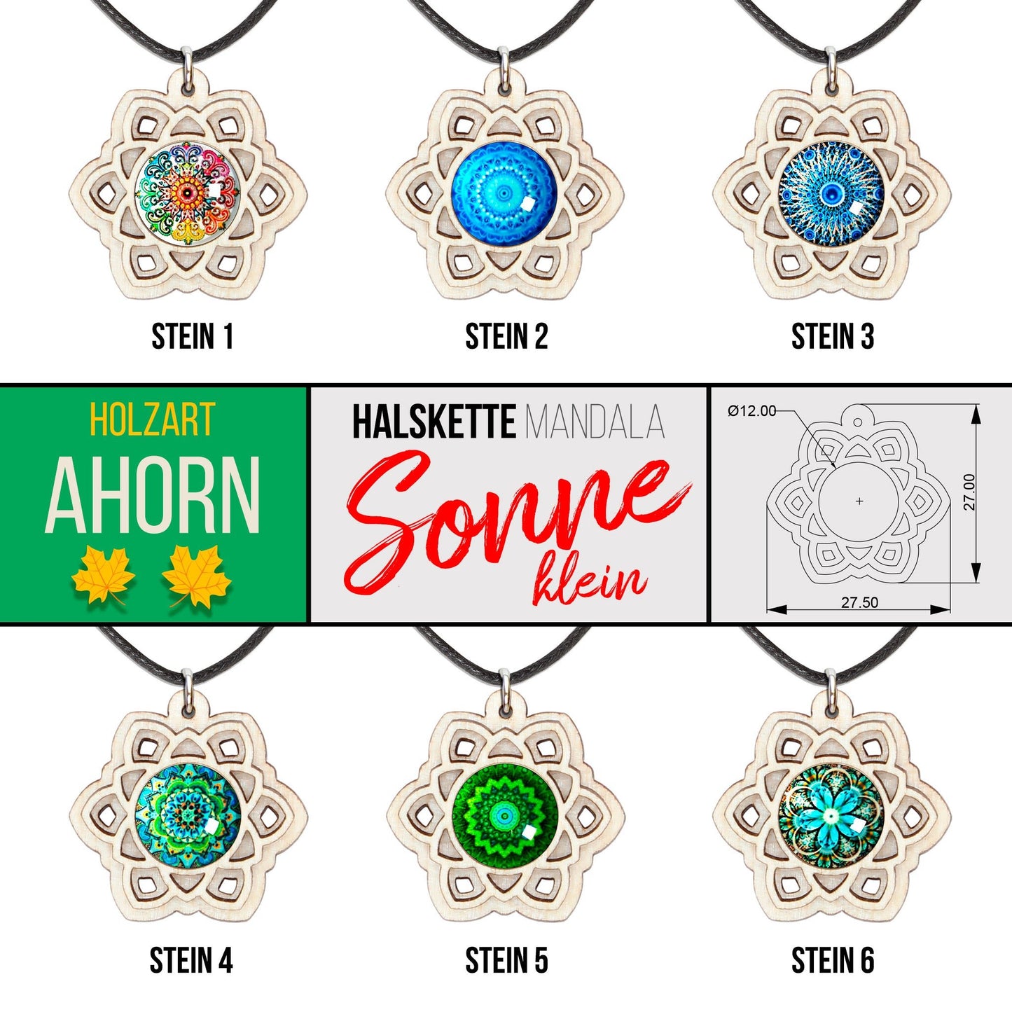 Halskette Mandala "Sonne" klein aus Holz mit Glasstein - Nanino Design Onlineshop -