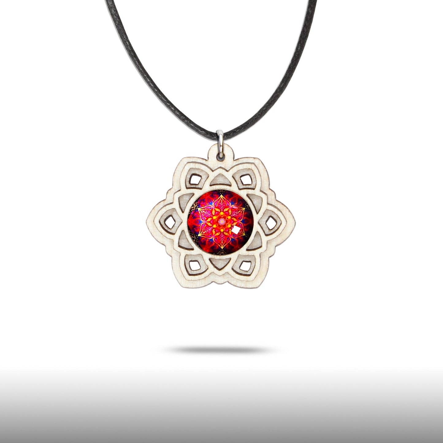 Halskette Mandala "Sonne" klein aus Holz mit Glasstein - Nanino Design Onlineshop -