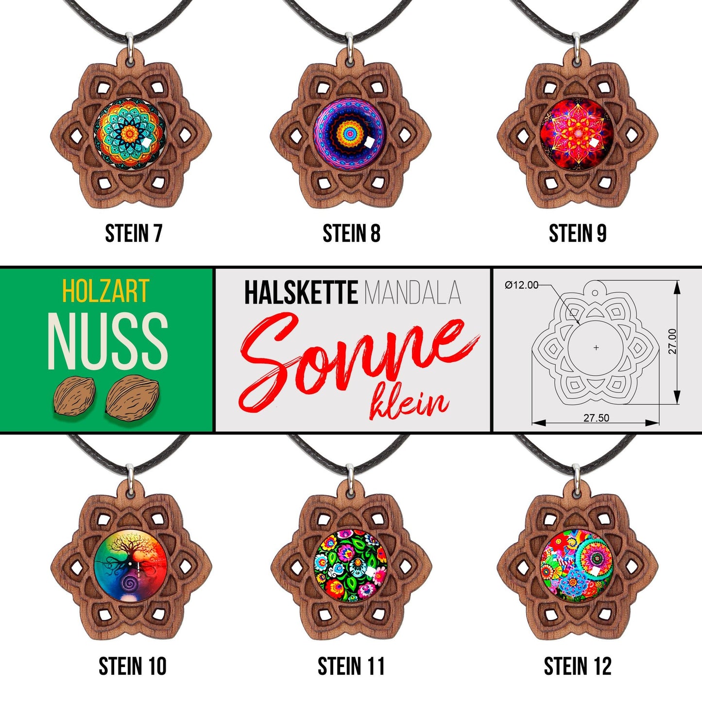 Halskette Mandala "Sonne" klein aus Holz mit Glasstein - Nanino Design Onlineshop -