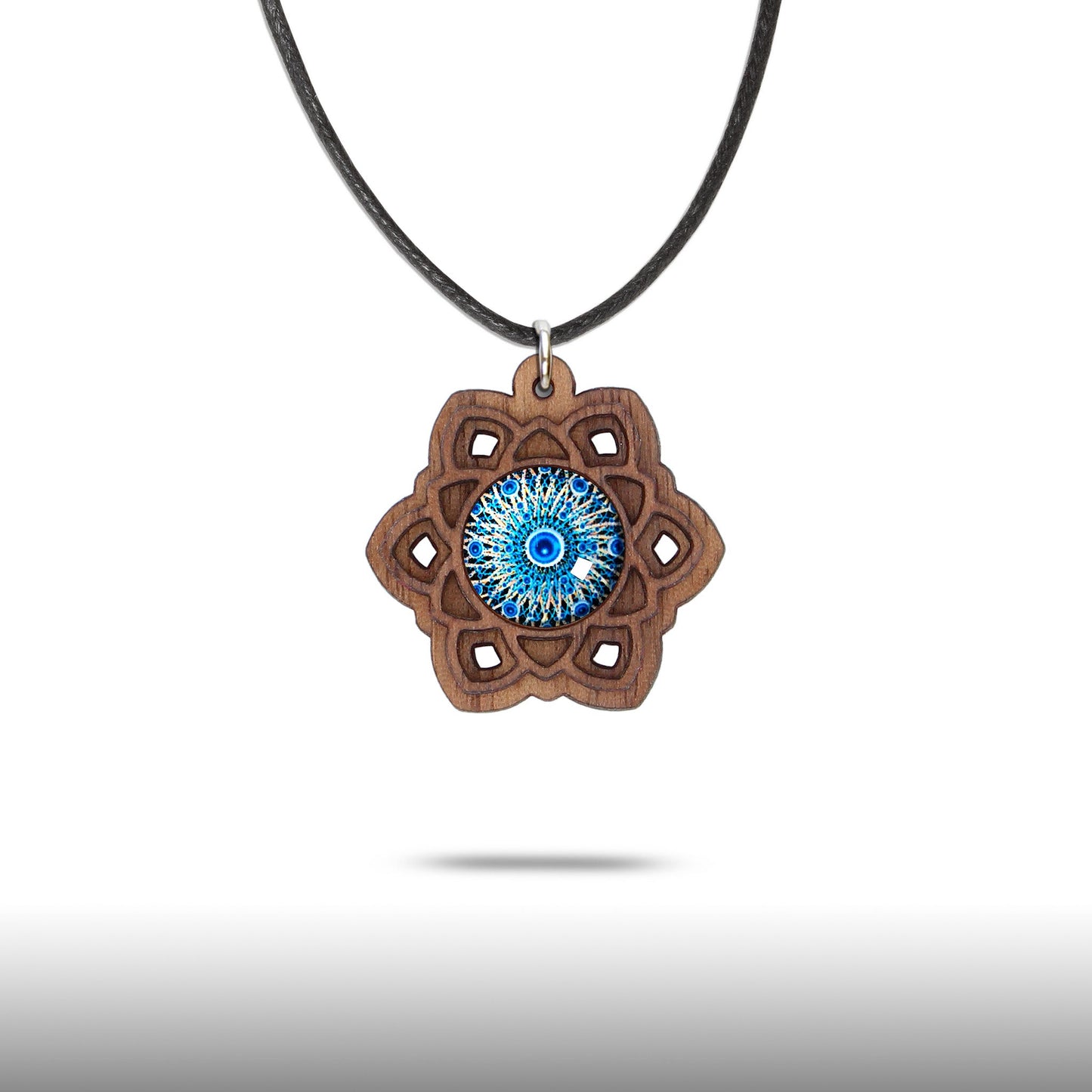 Halskette Mandala "Sonne" klein aus Holz mit Glasstein - Nanino Design Onlineshop -
