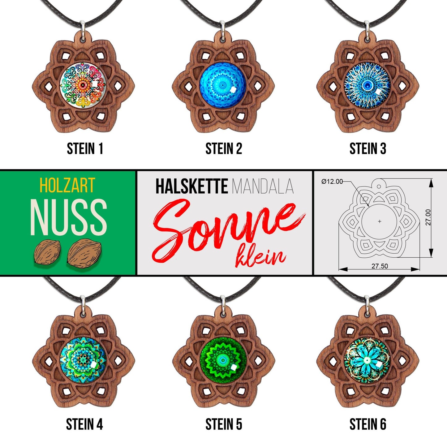 Halskette Mandala "Sonne" klein aus Holz mit Glasstein - Nanino Design Onlineshop -