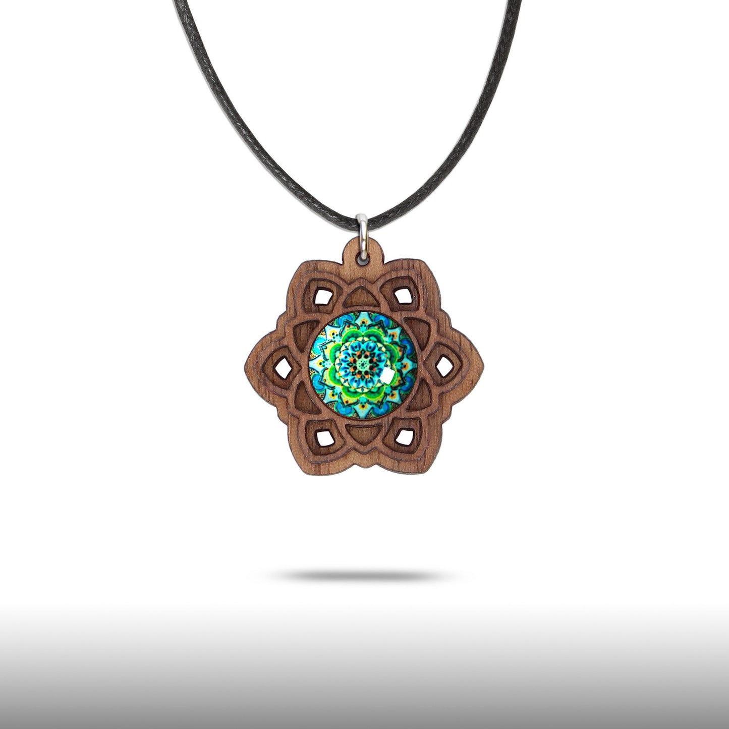Halskette Mandala "Sonne" klein aus Holz mit Glasstein - Nanino Design Onlineshop -