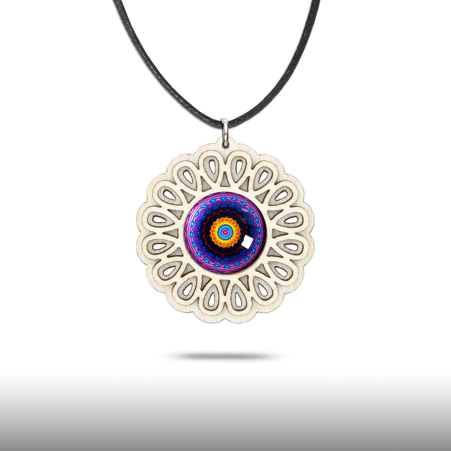 Halskette Mandala "Unendlichkeit" groß aus Holz mit Glasstein - Nanino Design Onlineshop -