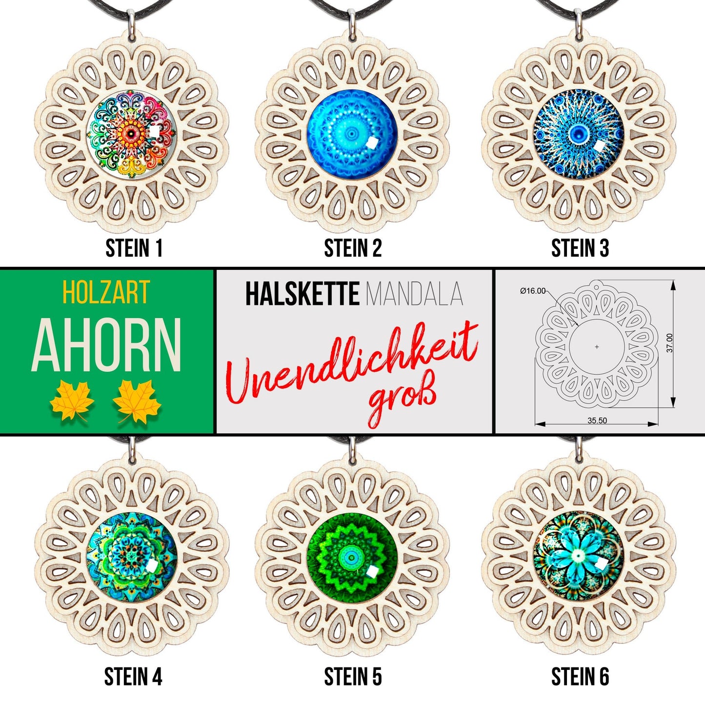 Halskette Mandala "Unendlichkeit" groß aus Holz mit Glasstein - Nanino Design Onlineshop -