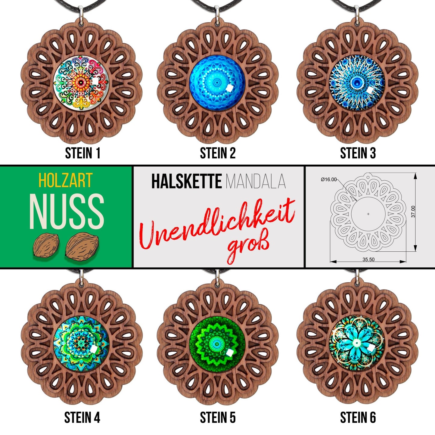 Halskette Mandala "Unendlichkeit" groß aus Holz mit Glasstein - Nanino Design Onlineshop -
