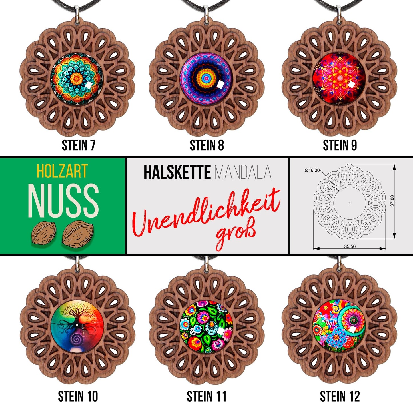 Halskette Mandala "Unendlichkeit" groß aus Holz mit Glasstein - Nanino Design Onlineshop -