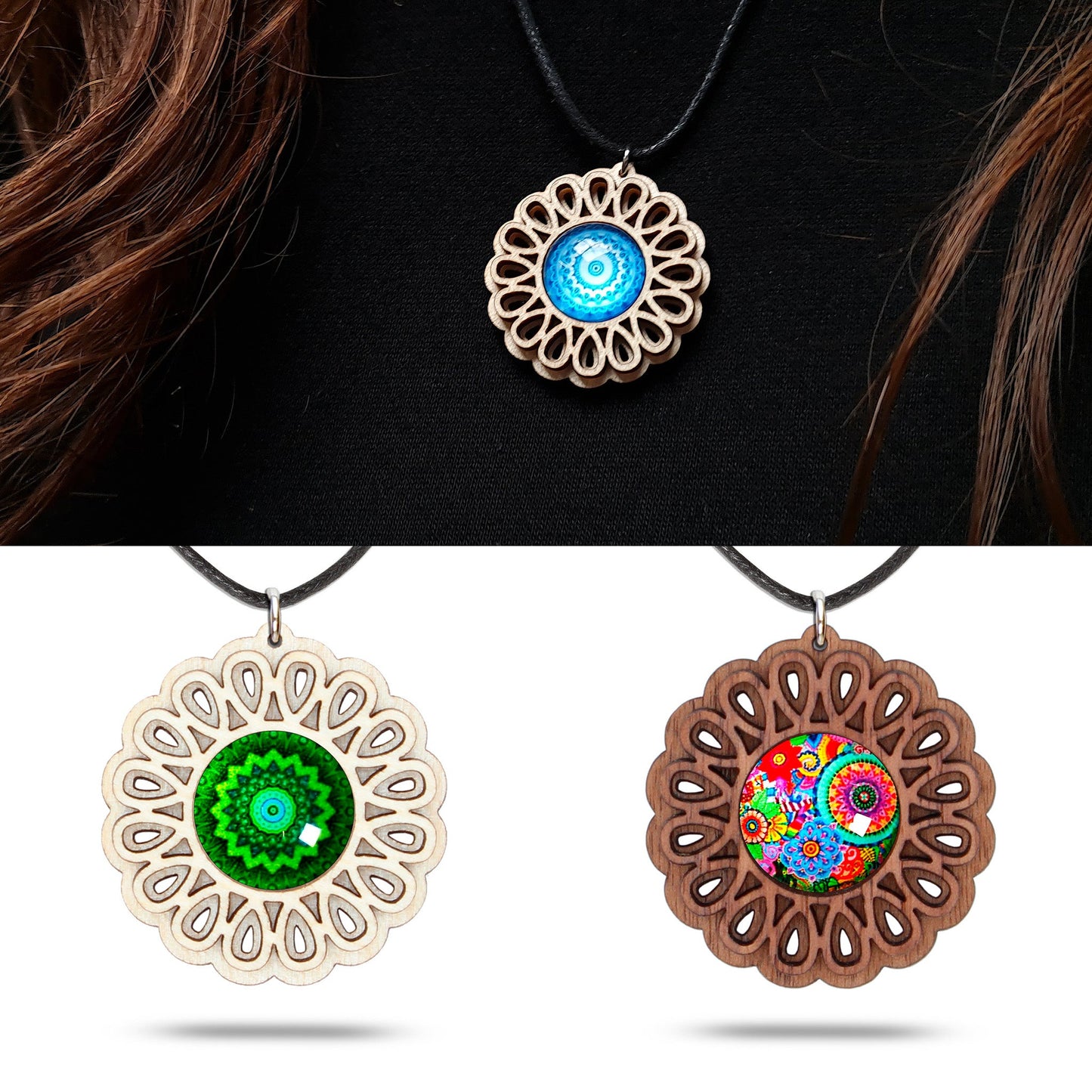 Halskette Mandala "Unendlichkeit" groß aus Holz mit Glasstein - Nanino Design Onlineshop -