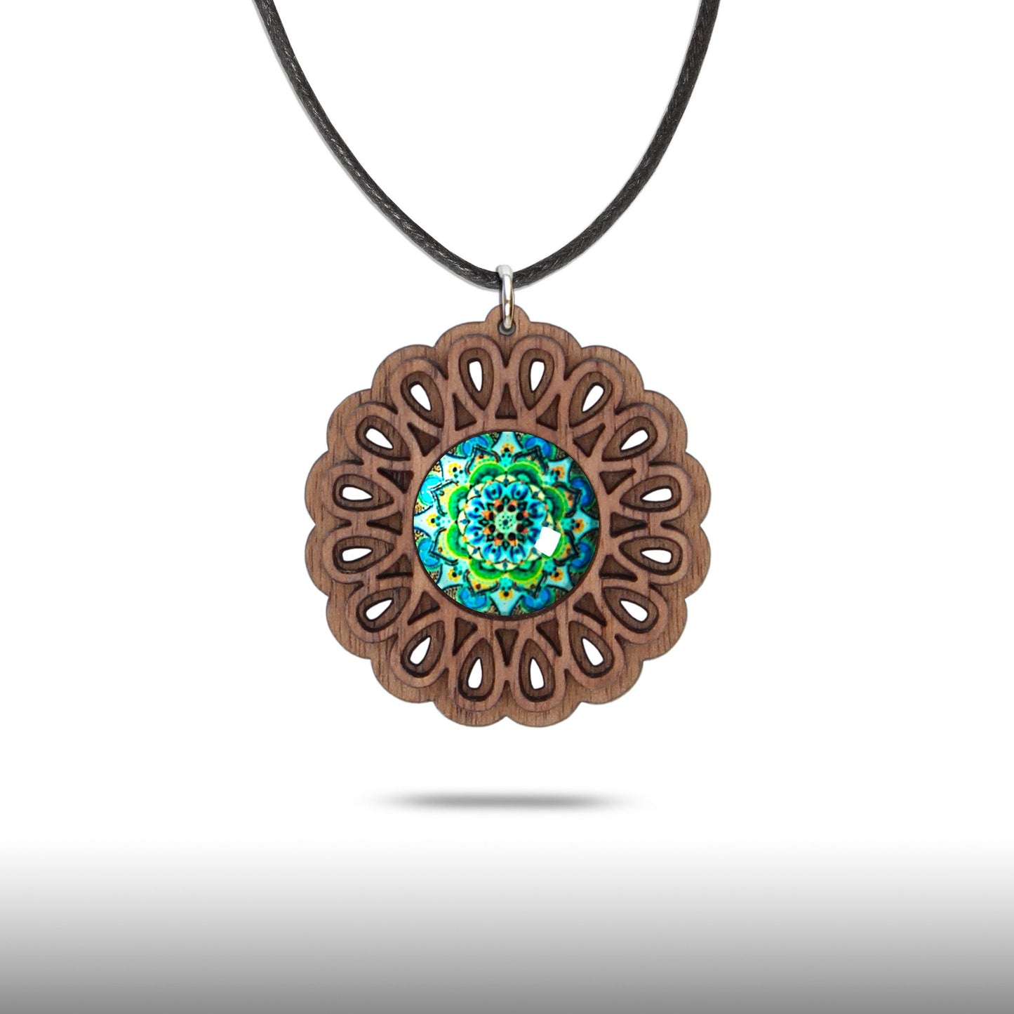 Halskette Mandala "Unendlichkeit" groß aus Holz mit Glasstein - Nanino Design Onlineshop -