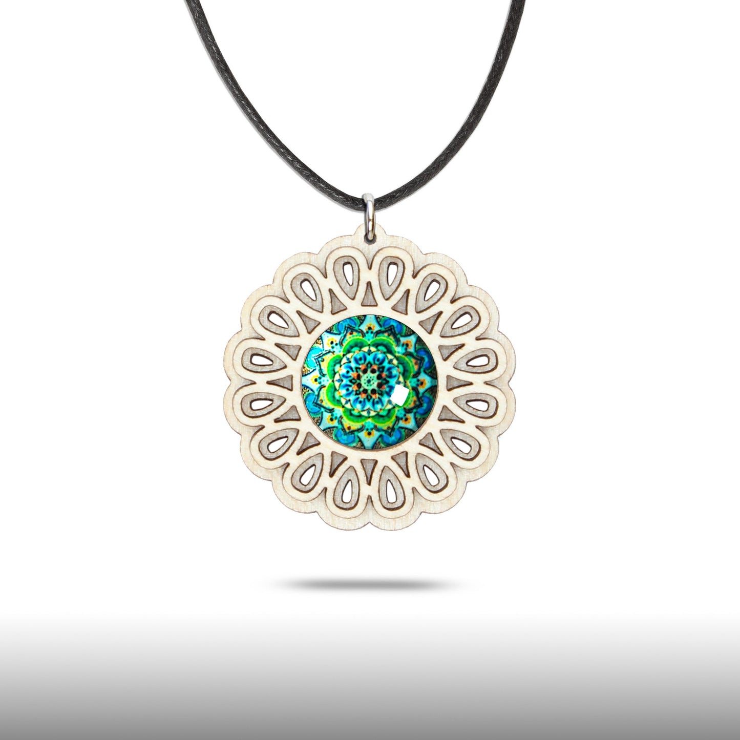 Halskette Mandala "Unendlichkeit" groß aus Holz mit Glasstein - Nanino Design Onlineshop -
