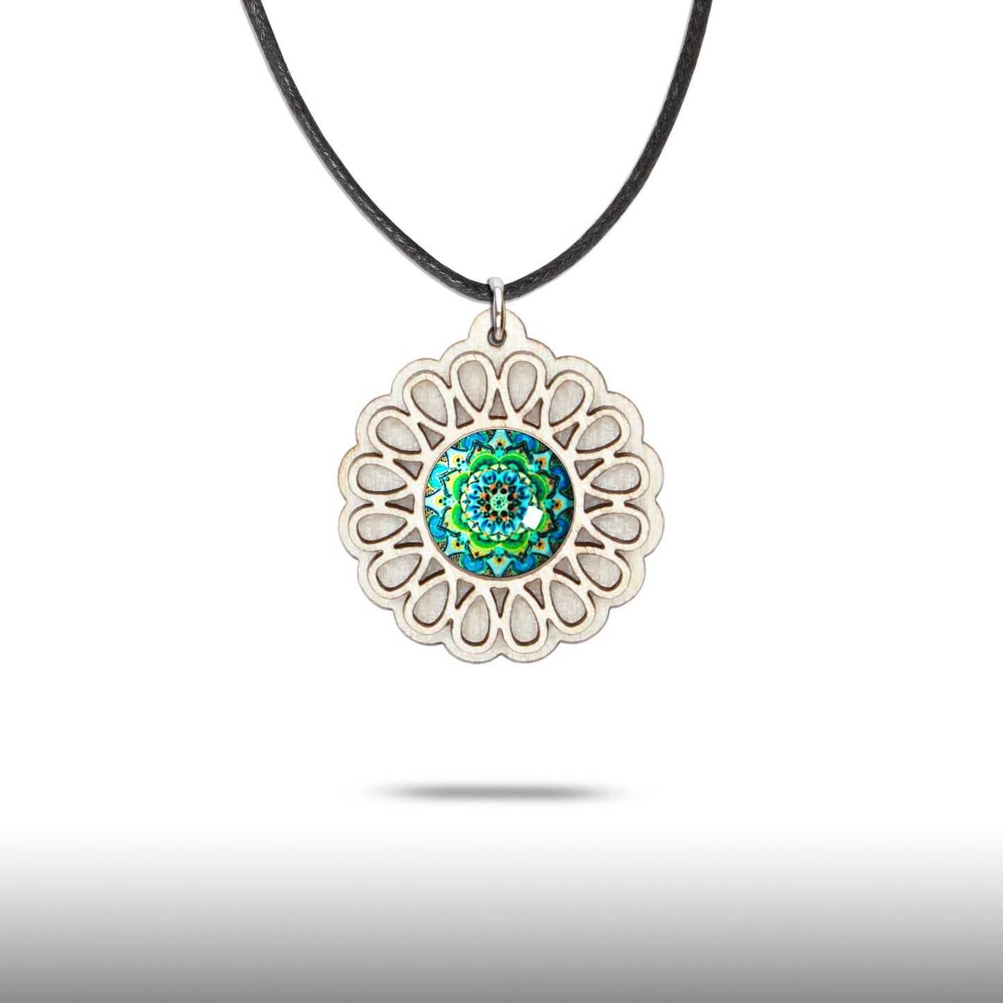 Halskette Mandala "Unendlichkeit" klein aus Holz mit Glasstein - Nanino Design Onlineshop -