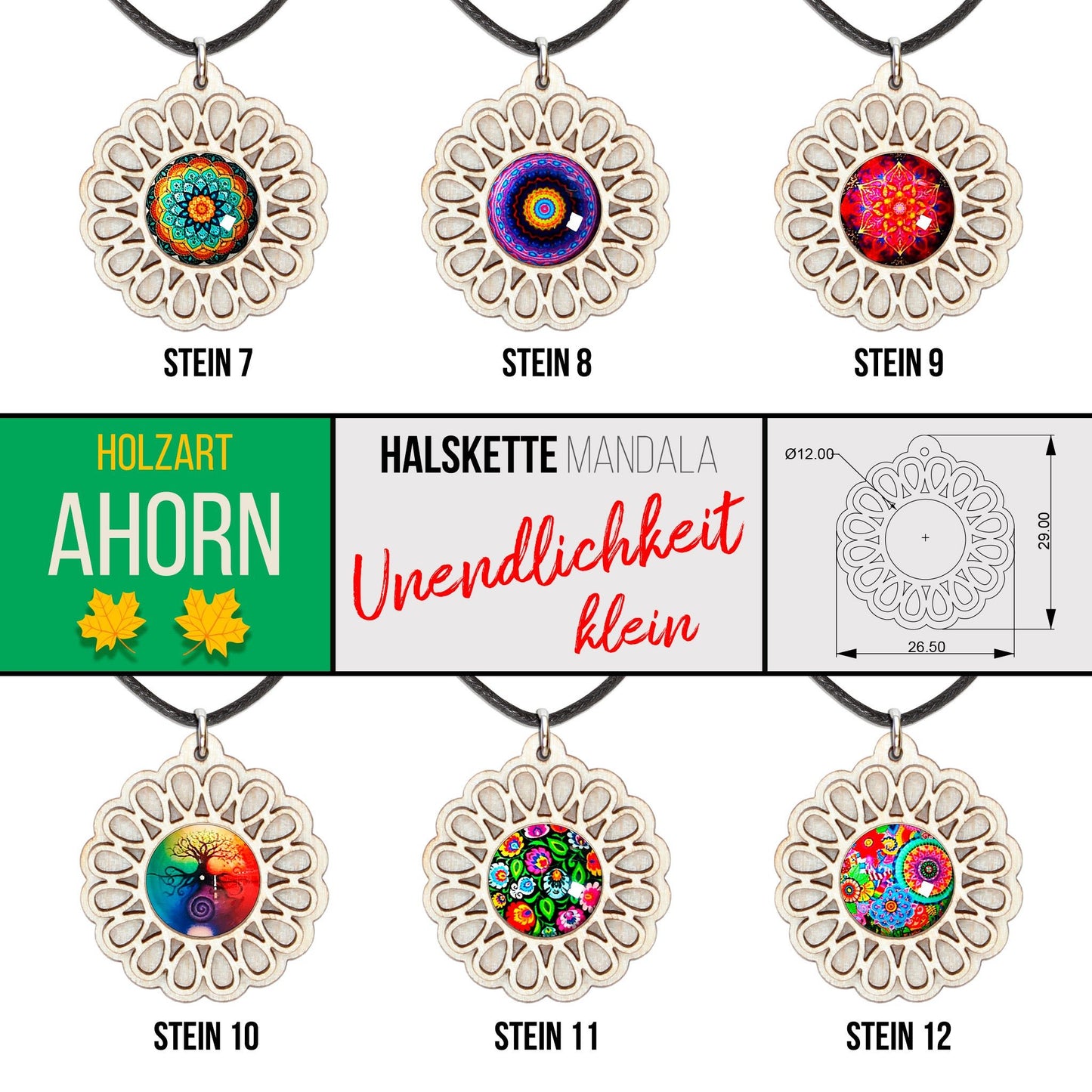 Halskette Mandala "Unendlichkeit" klein aus Holz mit Glasstein - Nanino Design Onlineshop -
