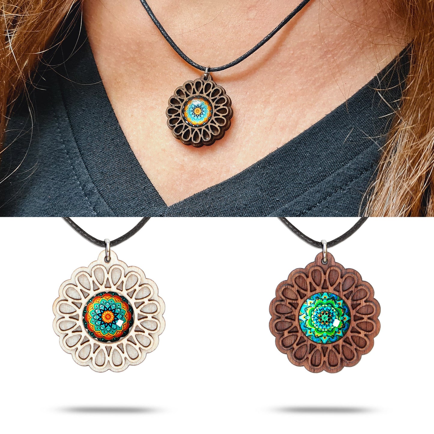 Halskette Mandala "Unendlichkeit" klein aus Holz mit Glasstein - Nanino Design Onlineshop -