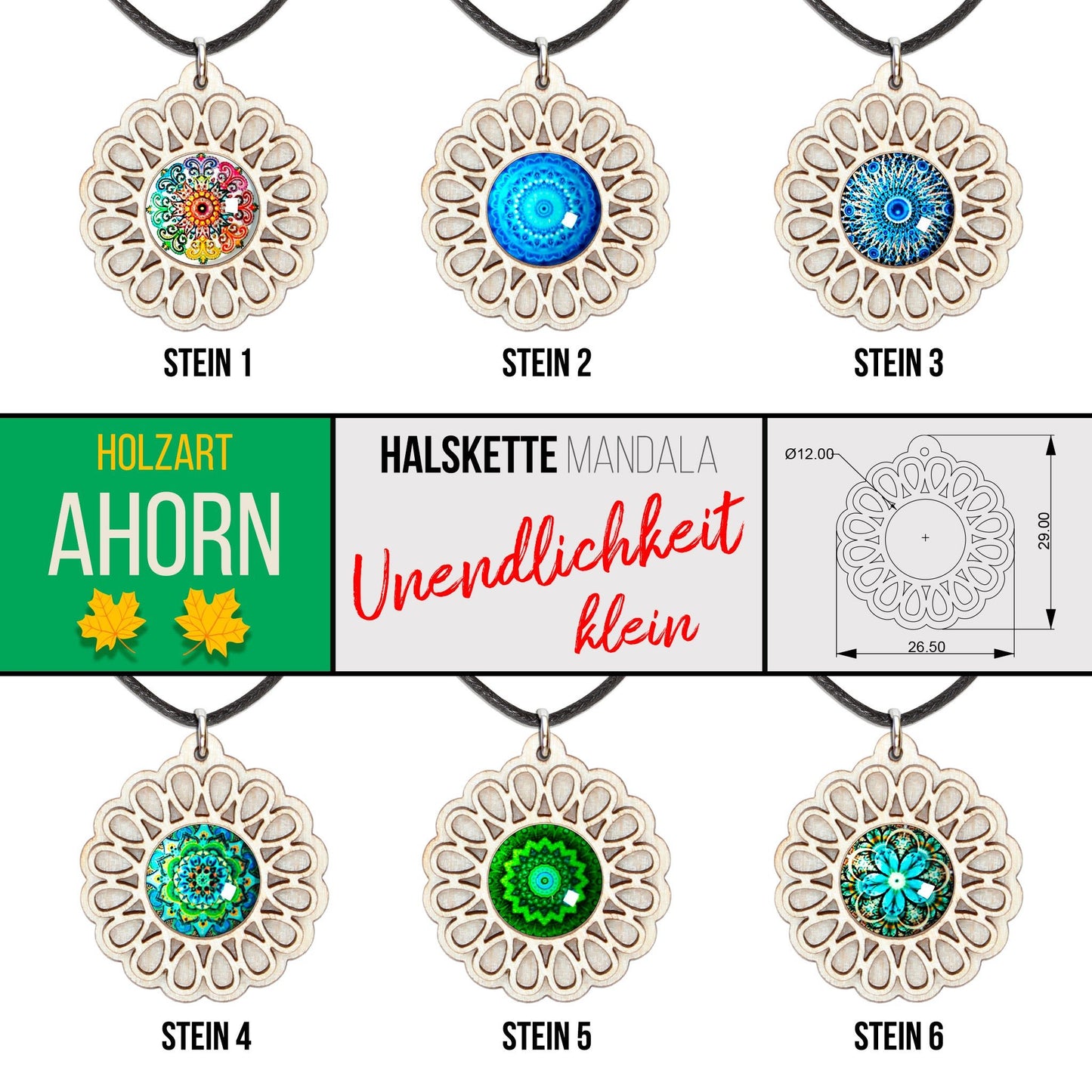 Halskette Mandala "Unendlichkeit" klein aus Holz mit Glasstein - Nanino Design Onlineshop -