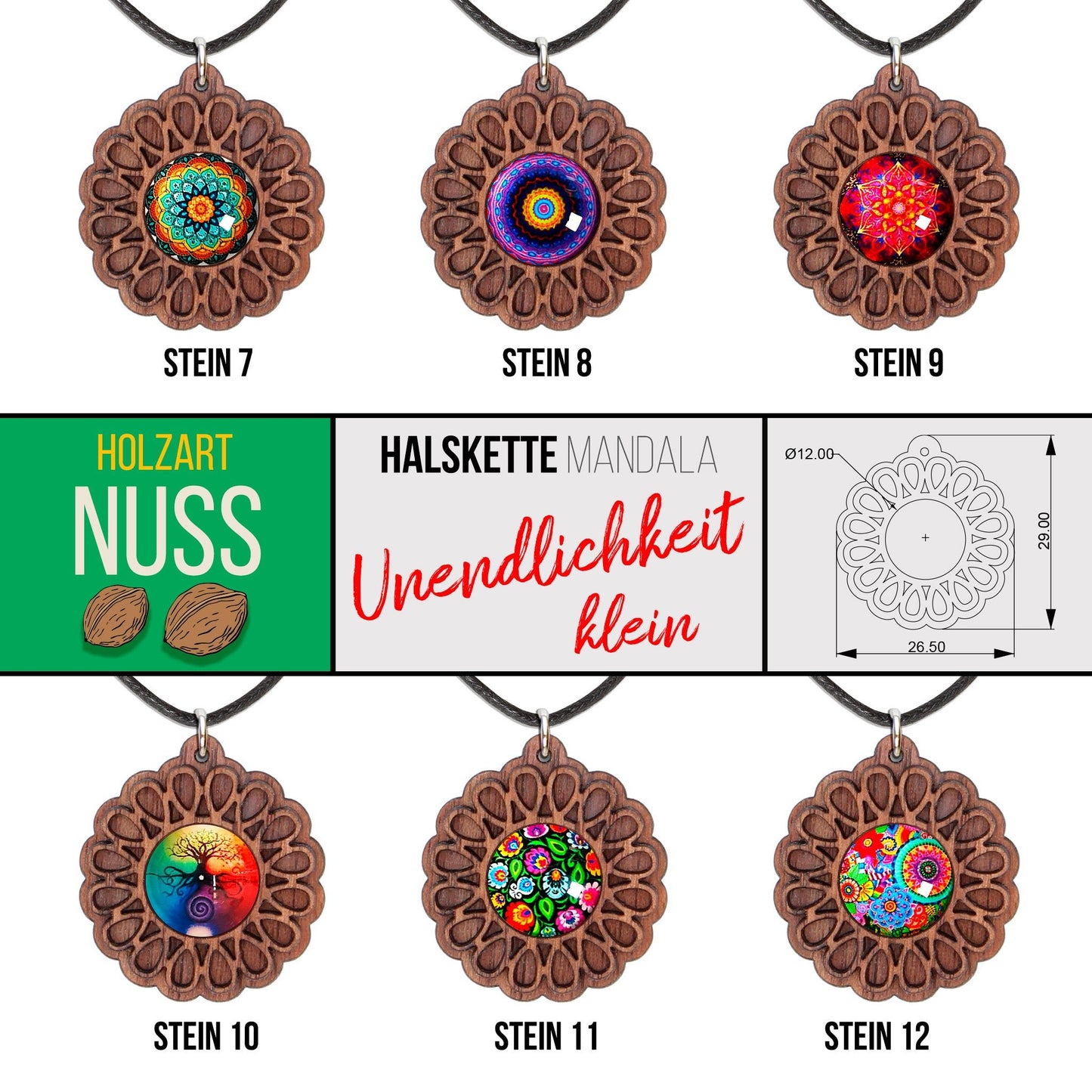Halskette Mandala "Unendlichkeit" klein aus Holz mit Glasstein - Nanino Design Onlineshop -
