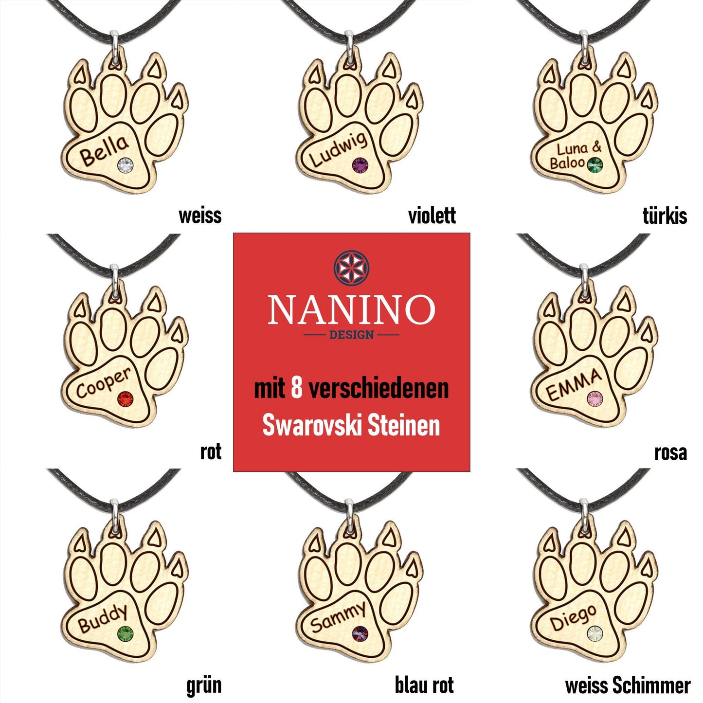 Halskette "Pfote mit Kralle" personalisiert, Glitzerstein - Nanino Design Onlineshop -