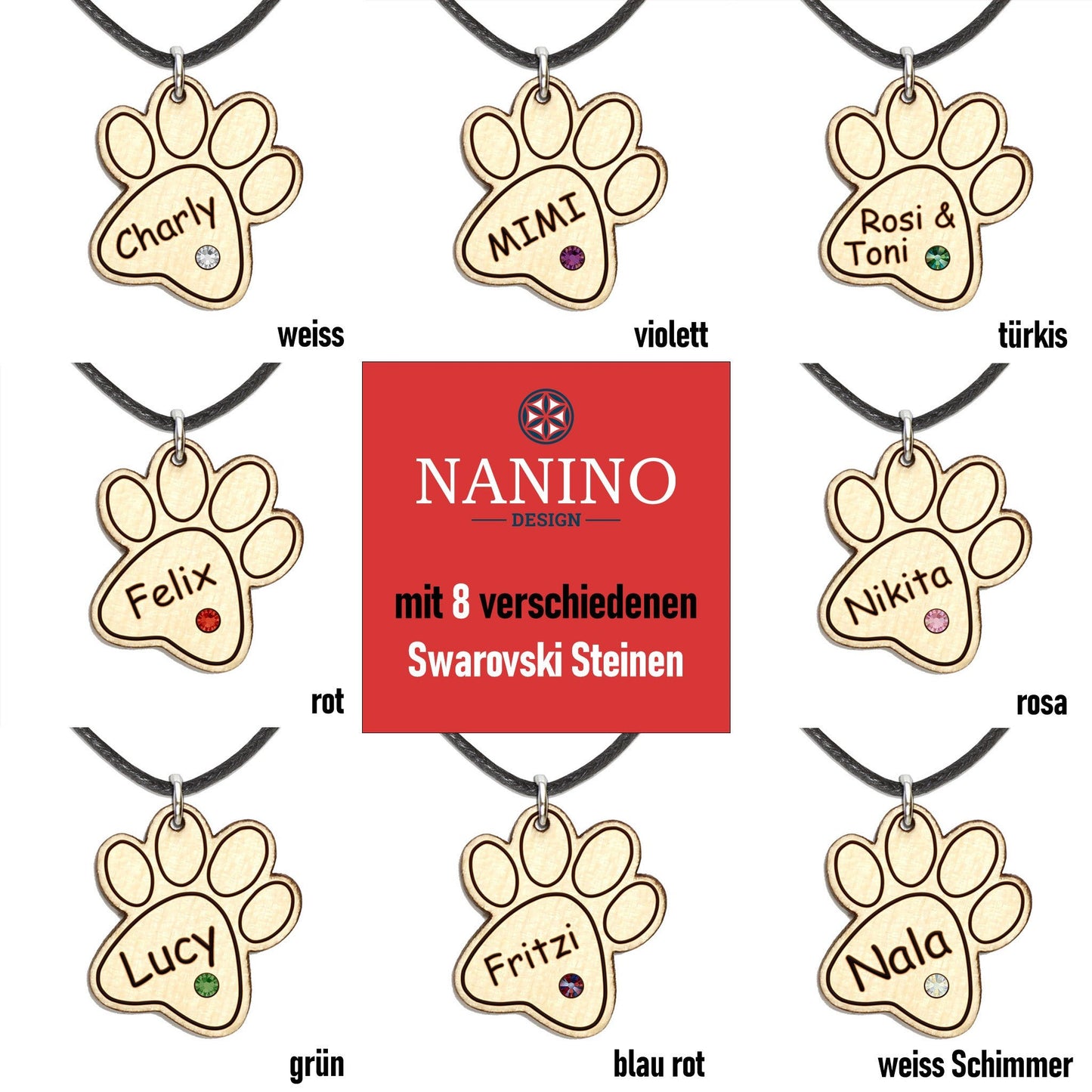 Halskette "Pfote ohne Kralle" personalisiert, Glitzerstein - Nanino Design Onlineshop -