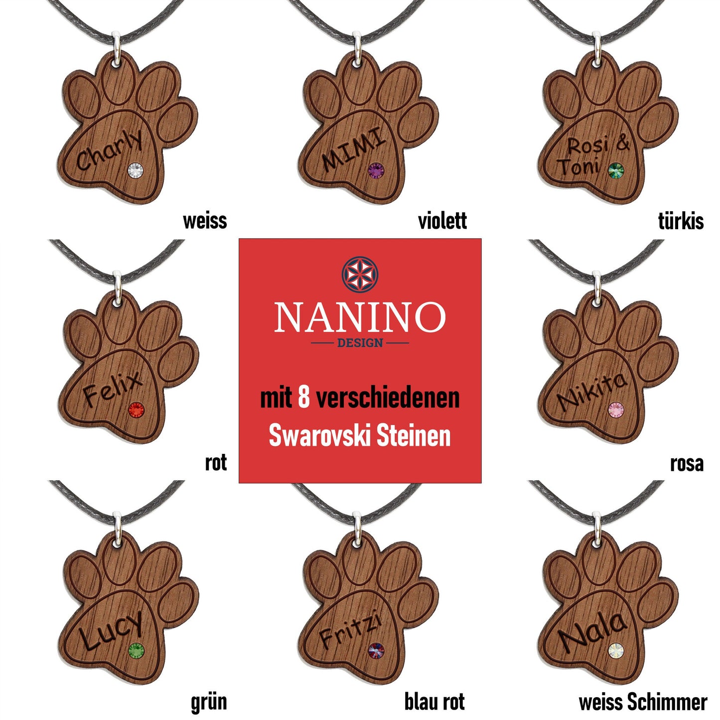 Halskette "Pfote ohne Kralle" personalisiert, Glitzerstein - Nanino Design Onlineshop -
